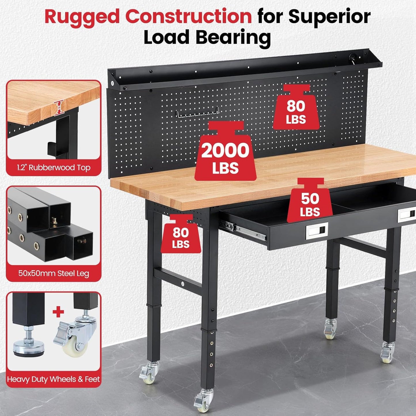 Workbench with Wheels 60 Inch Heavy Duty Rubberwood Tabletop Work Bench for Garage Adjustable Height Work Table with Pegboard, Drawers, Power Outlets for Woodworking, Home, Office, Workshop
