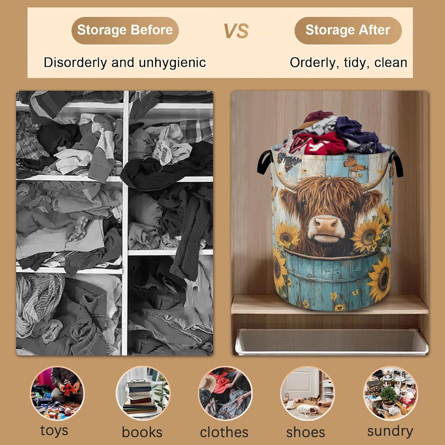 Large Laundry Basket,Highland Cow Collapsible Laundry Baskets,Sunflower Butterfly Waterproof Oxford Hamper with Handles for Bathroom Bedroom Nursery Home Storage 16"x20"
