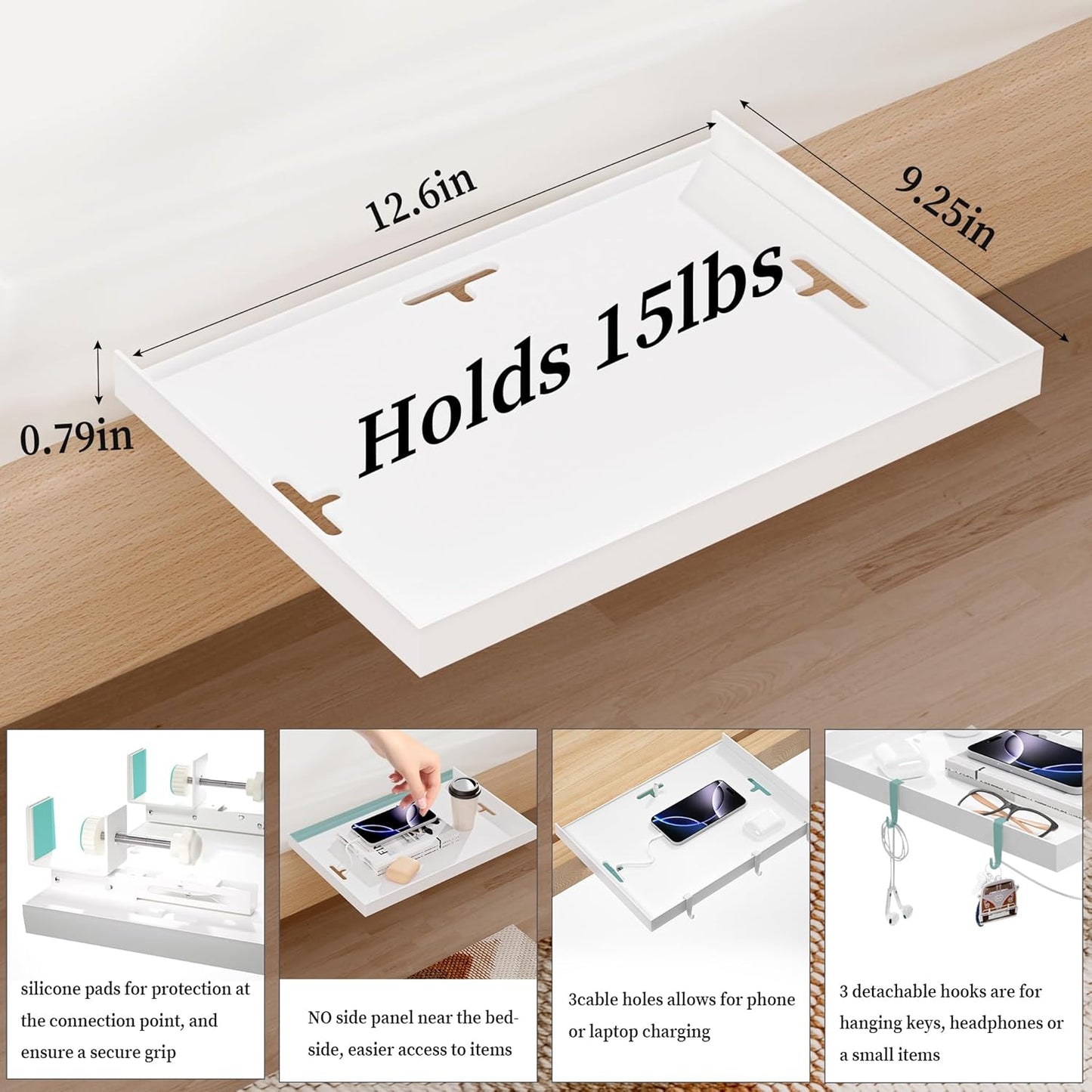 Foldable Bedside Shelf, Metal Clip-On Bed Tray Table for Bunk Bed & Dorm Beds, Dorm Room Essentials Organizer for College Students, Floating Tray, Space Saving Nightstand for Loft Beds (White, Small)