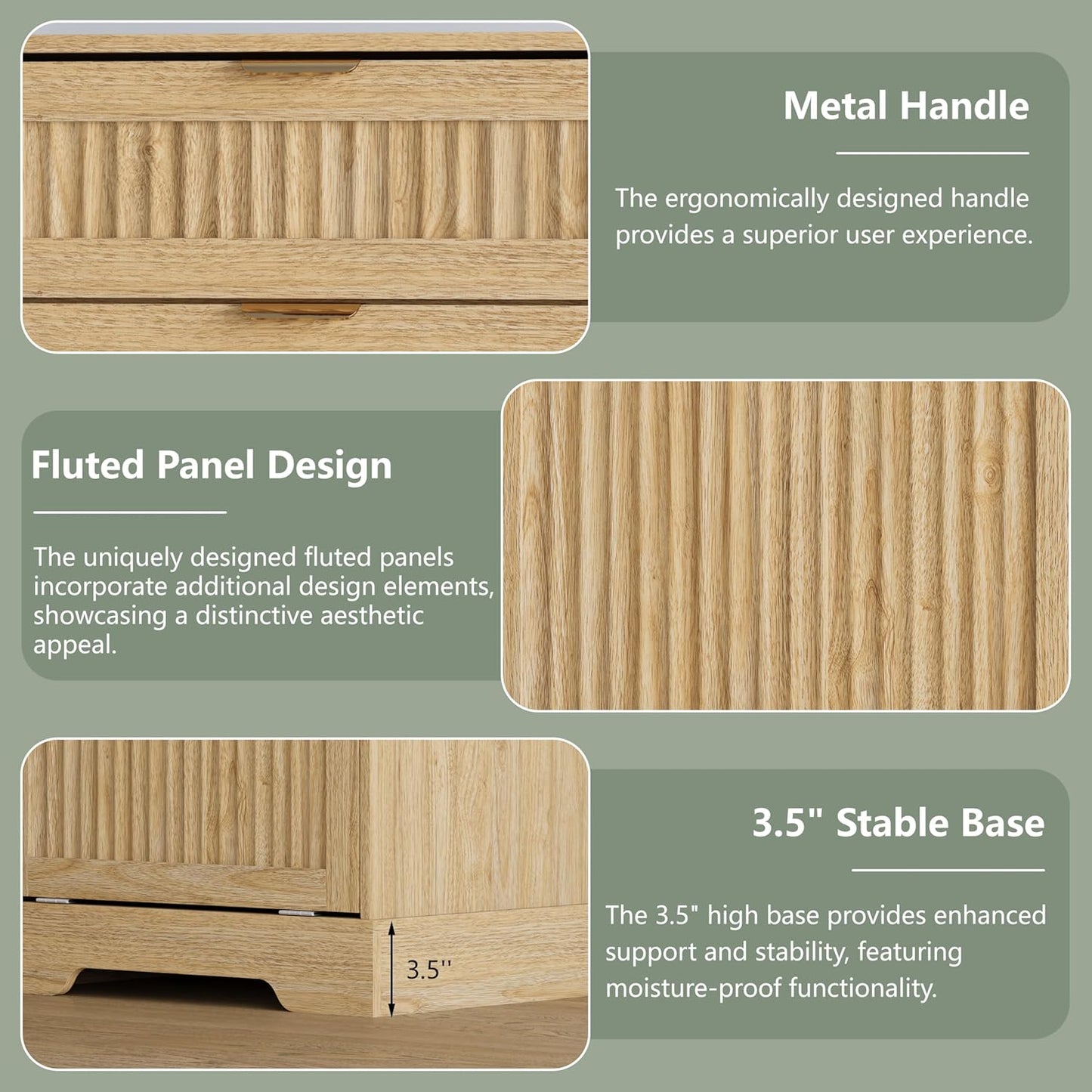2 x 13 Gallons Double Tilt Out Trash Can Cabinet, Wooden Fluted Trash Garbage Can Cabinet with 2 Drawers, Hidden Laundry Hamper with Hooks for Kitchen Living Room, Natural Oak