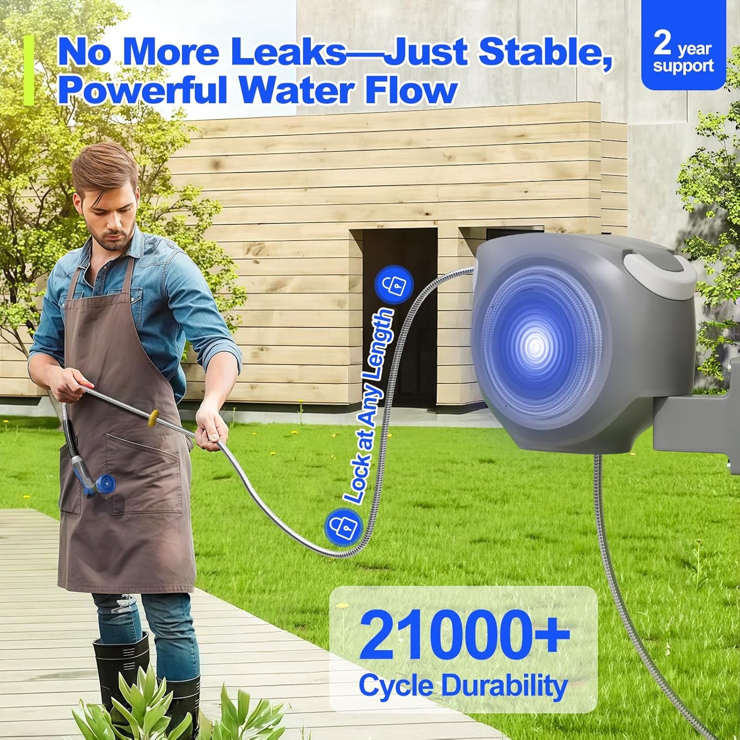 SPECILITE Retractable Garden Hose Reel 65 FT 1/2", 304 Stainless Steel Water Pipe, 3x Life, Leak-Proof, UV & Freeze Resistant, Automatic Rewind & Any Length Lock, Wall Mount Hose Reels for Outside
