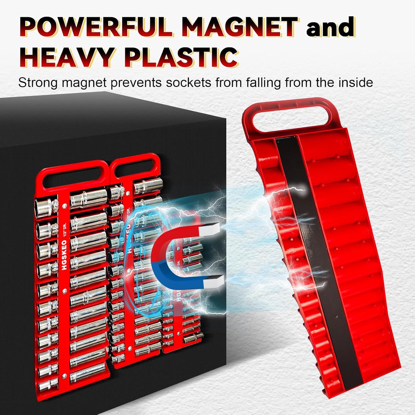 Magnetic Socket Holder Set with Handle, Portable Socket Organizer, Heavy Duty Socket Racks 3/8" Drive Holders Hold 28 standard Sockets for Tool Box (Red, 3/8" Drive)