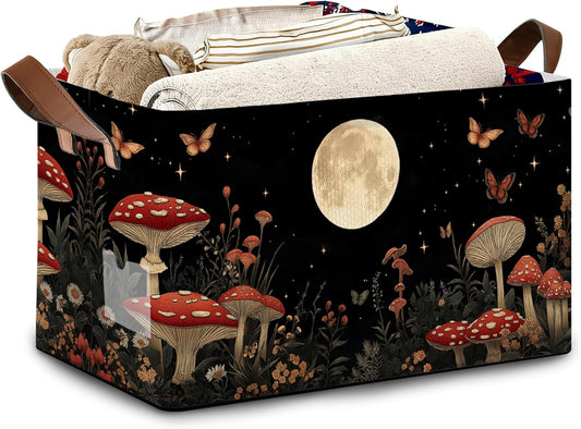Mushroom Moon Storage Baskets,Butterfly Plants Foldable Organizer Bin with Handles for Home Living Room Bedroom Closet Box 17x11.5x10Inch