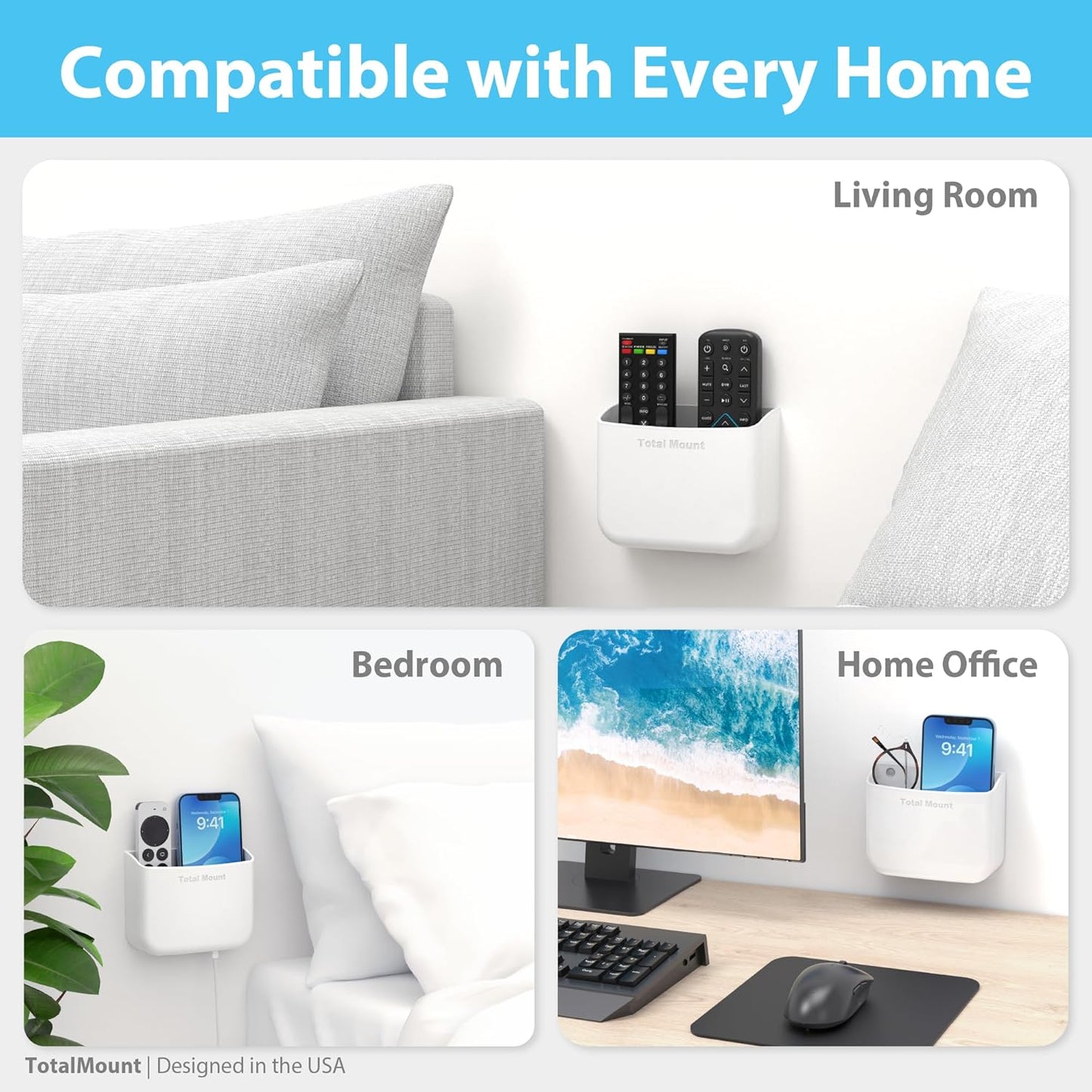 TotalMount Hole-Free Remote Holders – Eliminate Need to Drill Holes in Your Wall (for 2 or 3 Remote Controls – White – Quantity 2)