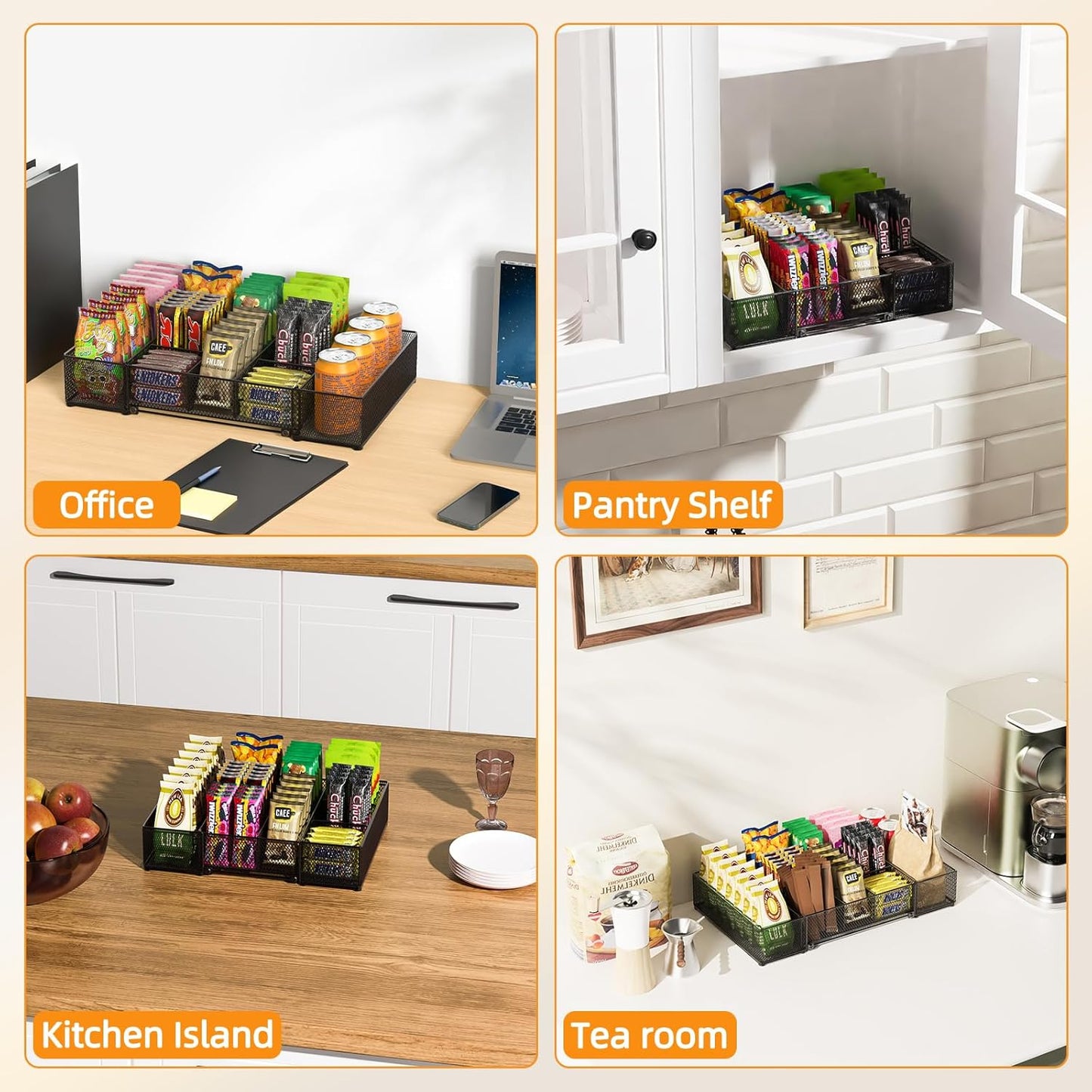 Expandable Snack Organizer, Adjustable Snack Container with 9 Compartments, Kitchen Countertop and Pantry Storage Tray for Tea Bags, Coffee Pods, Candy, and Cookies