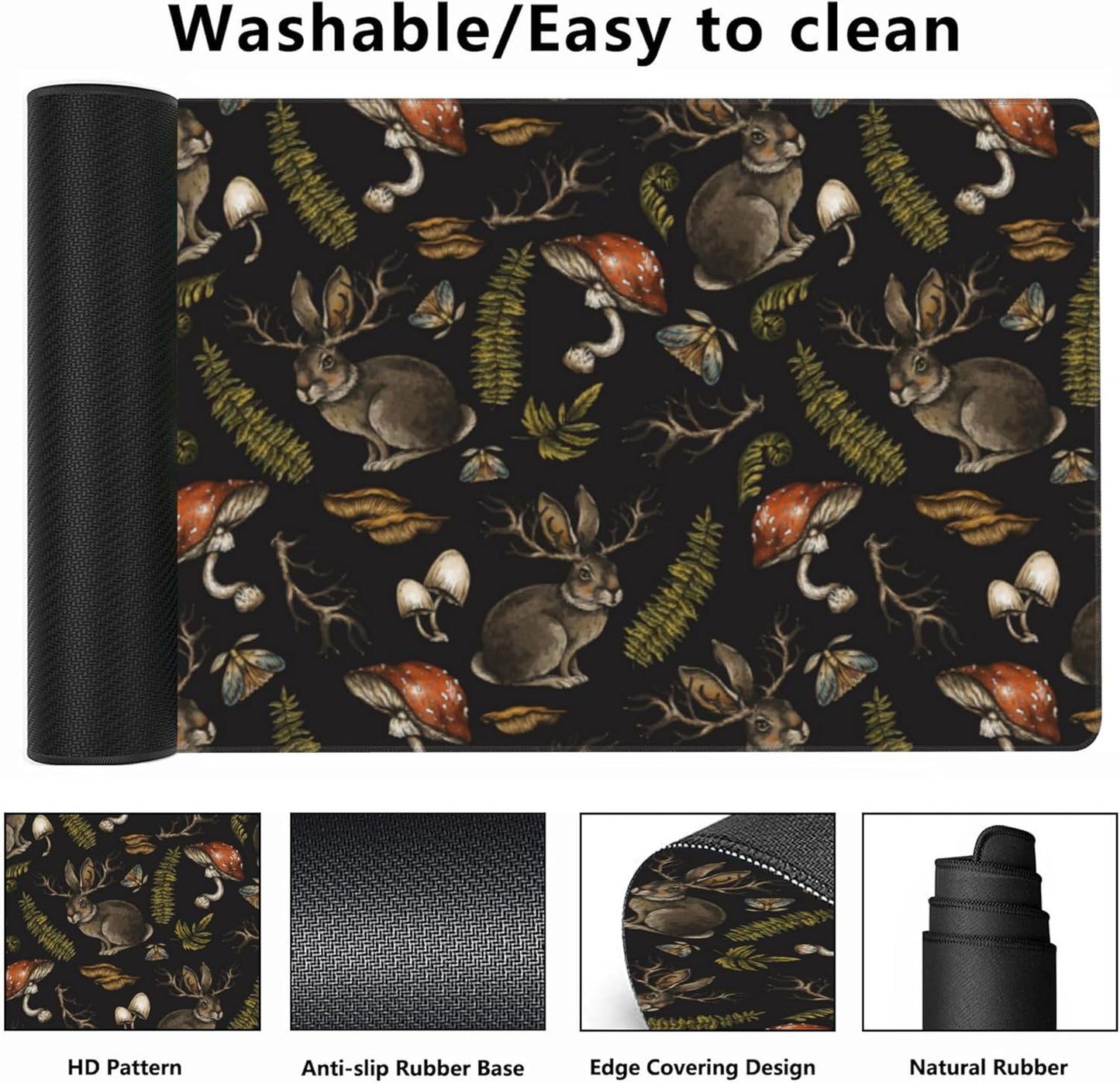 Desk Mat,Mystical Hare with Mushroom Gaming Mouse Pad,XXL Extended Mouse Pad Mat for Office,Computer,Keyboard with Non-Slip Base Stitched Eges Mousepad 35.4x15.75 inch