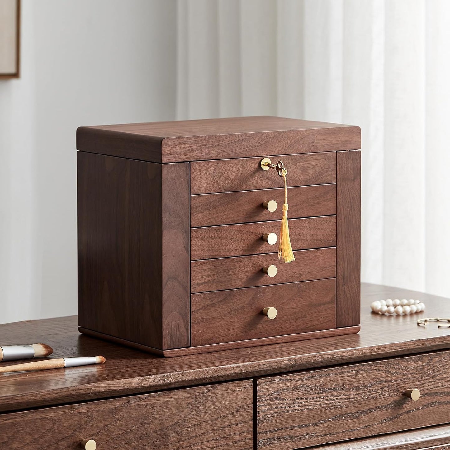 CHOSIN Black Walnut Wooden Jewelry Box for Women with Mirror, 5 Drawers and 2 Side Doors for Watches, Necklaces, Rings, Earrings Storage Christmas Gifts