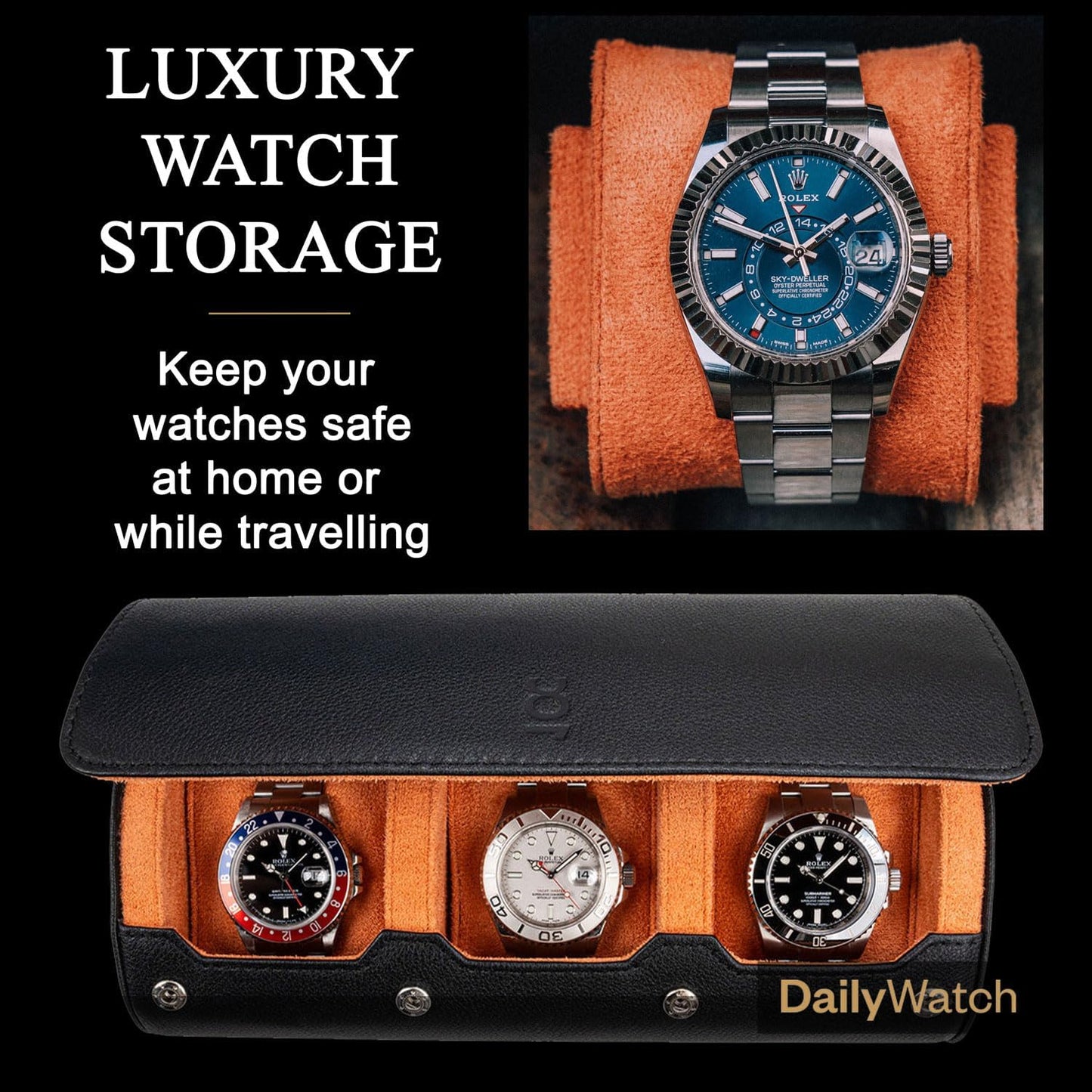 DailyWatch | Watch Roll Travel Case For 3 Watches | Luxury Watch Case In Genuine Black Leather With Soft Velvet Interior | Watch Case Protect, Store, & Display Your Watches | Black Orange