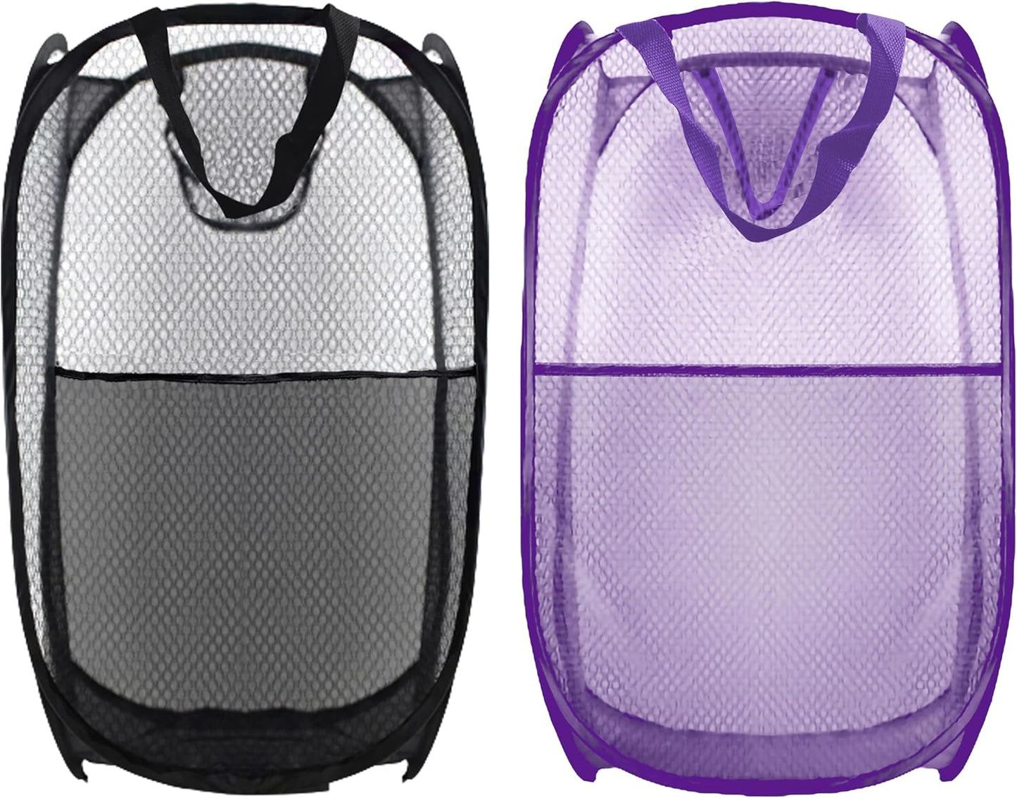 Collapsible Pop Up Laundry Hamper, Extra Large Mesh Foldable Laundry Basket Bag, 28" x 16" x 16", 2 Pack (Black + Purple)