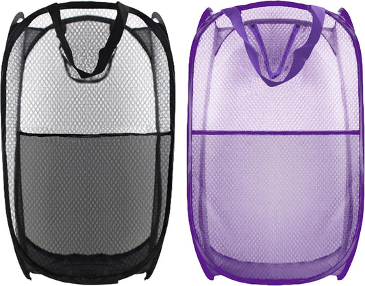 Collapsible Pop Up Laundry Hamper, Extra Large Mesh Foldable Laundry Basket Bag, 28" x 16" x 16", 2 Pack (Black + Purple)