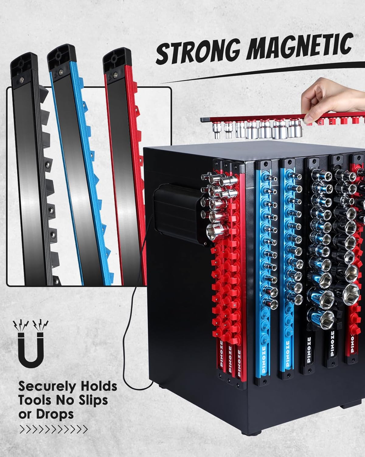 8PCS Magnetic Socket Holder Organizer Set - 1/4, 3/8, 1/2 - Aluminum Alloy Socket Rail Trays for Tool Box Drawer, Socket Rack Kit with 114Pcs Clips for Automotive Garage(Blue Red Black)