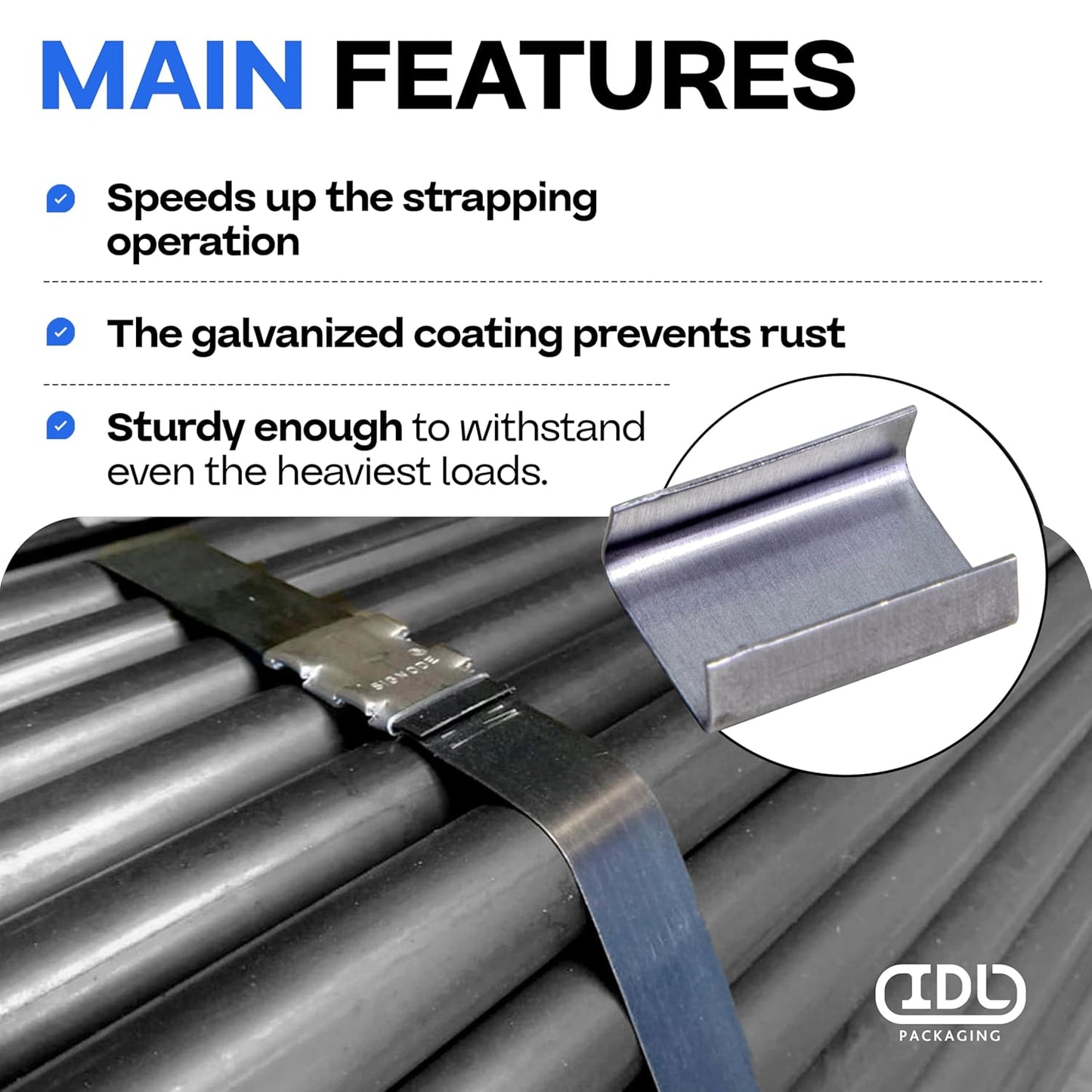 IDL Packaging Open (Snap-On) Seals for 5/8" Strap Width Steel Strapping (Pack of 100) - Superior Holding Power - Sturdy Metal Clips for Securing Heavy Packaging and Pallet Banding