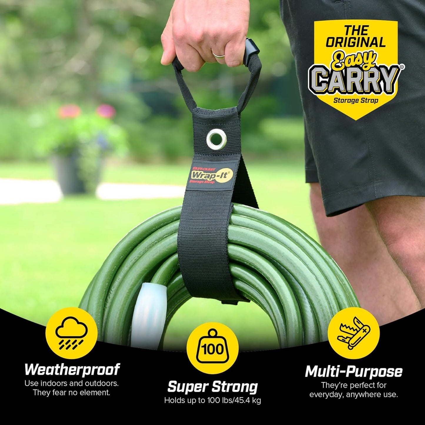 Easy-Carry Wrap-It Storage Straps - 48” (2-Pack) Black with Grommet - Garden Hose Caddy and Cord Wrap for Indoor and Outdoor Cable Organizing