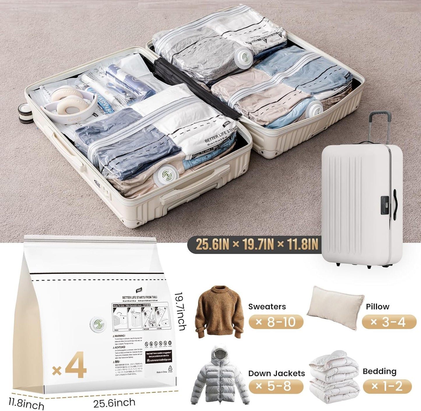 TAILI Cube Vacuum Storage Bags 4 pack, Medium Size (25x19x11 inch), Vacuum Seal Bags for Clothing, Travel Compression Packing for Clothes, Blankets, Baby Clothes, Travel Accessories