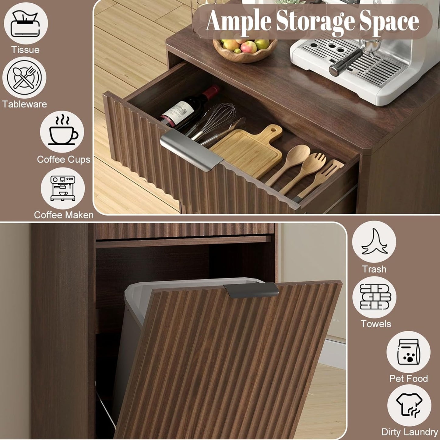Tilt Out Trash Can Cabinet, Hidden Garbage Can Cabinet with Storage Drawers, Wave-Textured Front, 10 Gallon, Walnut