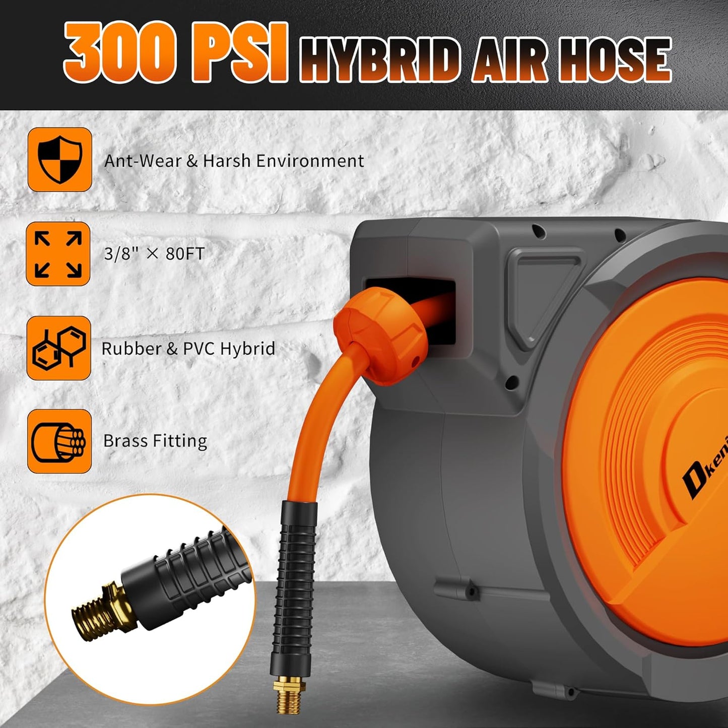 Retractable Air Hose Reel, 3/8" x 80ft Hybrid Hose, Auto Rewind Enclosed Air Compressor Hose Reel with 180° Swivel Bracket, Max 300 PSI Any Length Lock for Garage & Workshop