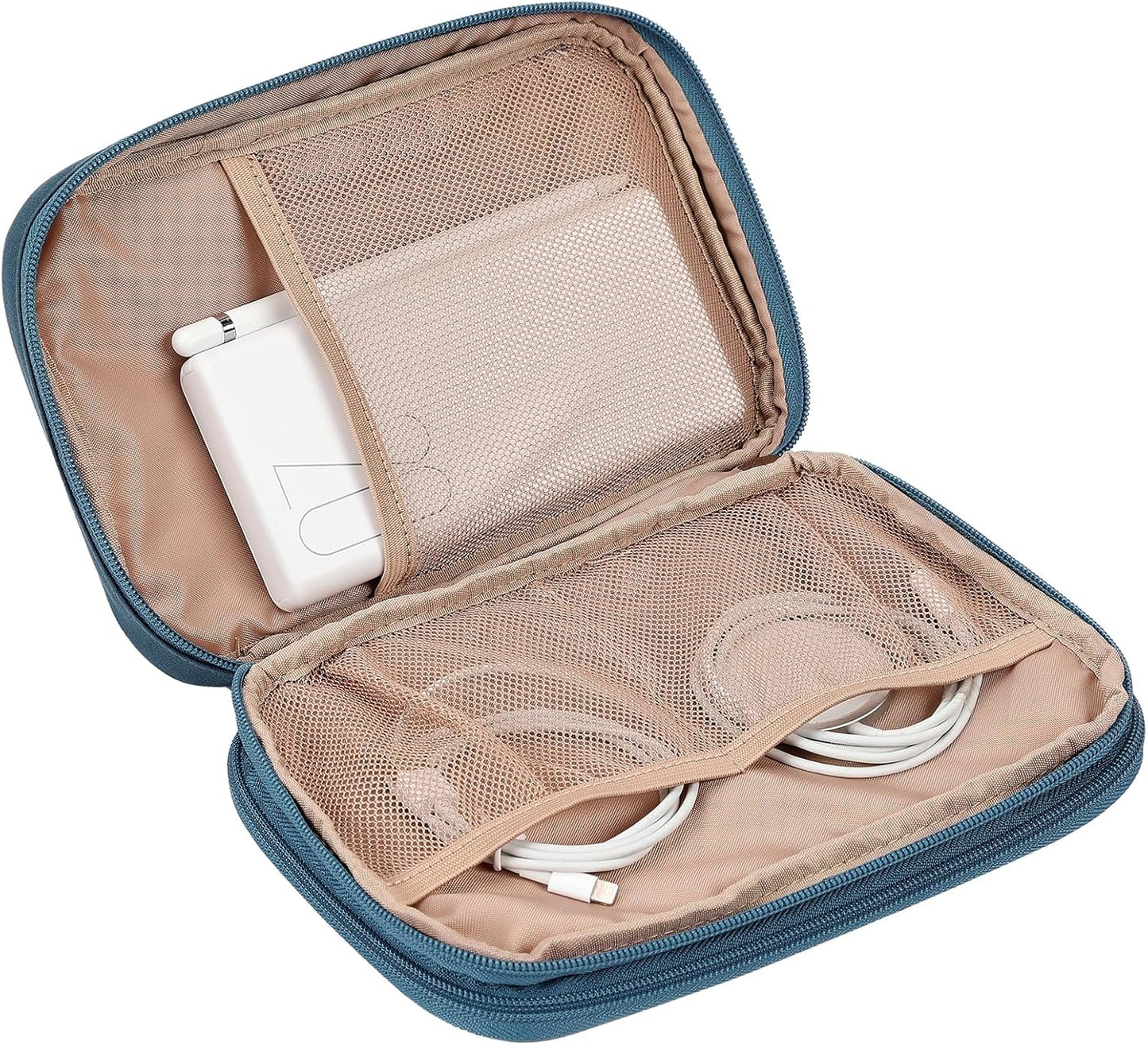 NISHEL Travel Cord Organizer Case, Double Layers Tech Electronic Bag, Essentials for Charger, Cable, Phone, Flash drive, Large, Lake-Blue