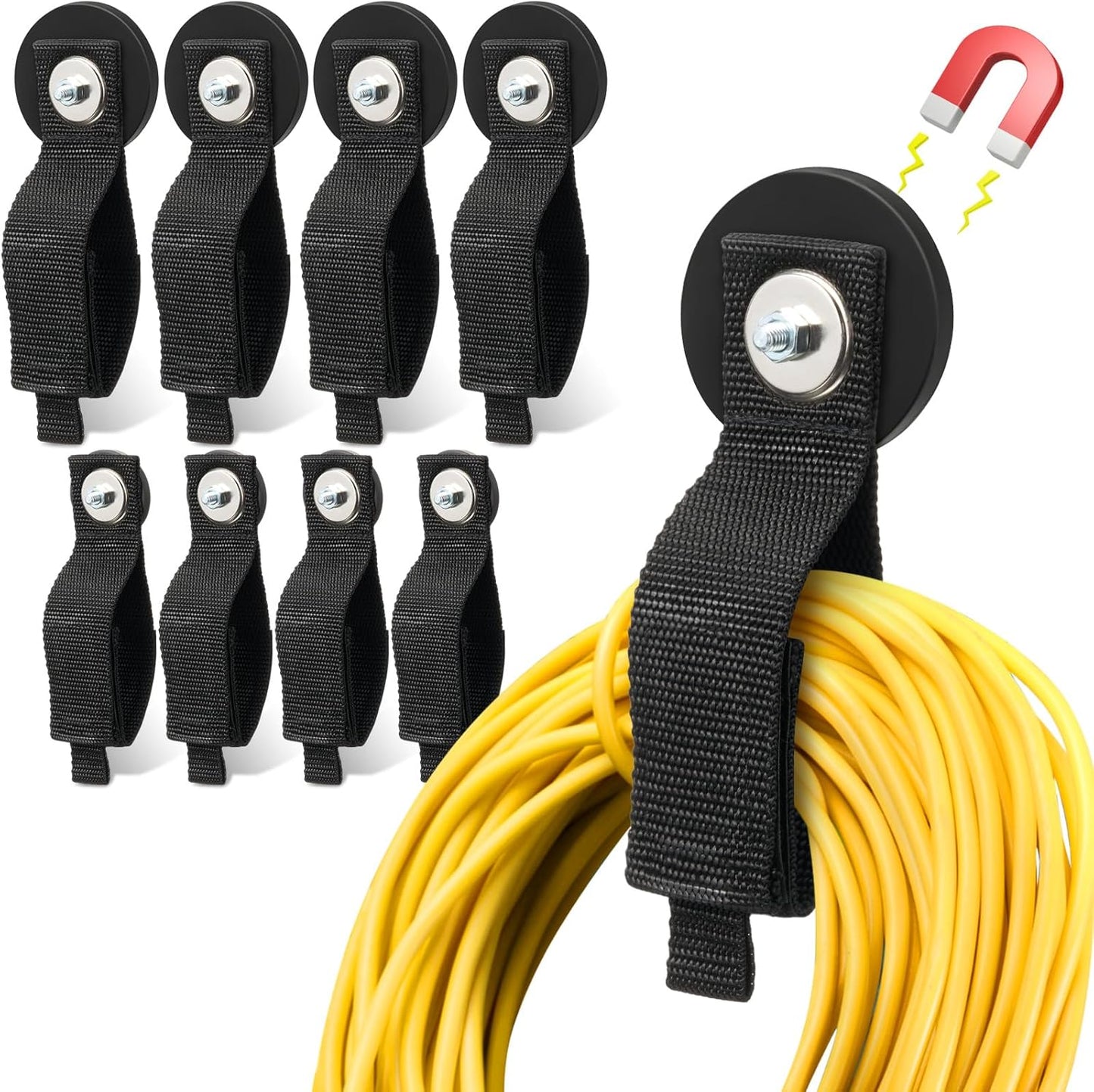 Vicenpal 8pcs Heavy Duty Magnetic Hook, Magnetic Tool Holder &Garage Hooks, Extension Cord Strap for Cable, Rope, Wire Storage in Garage,Workshop,RV,Pickup (2.6inch/4pcs+1.7inch/4pcs)