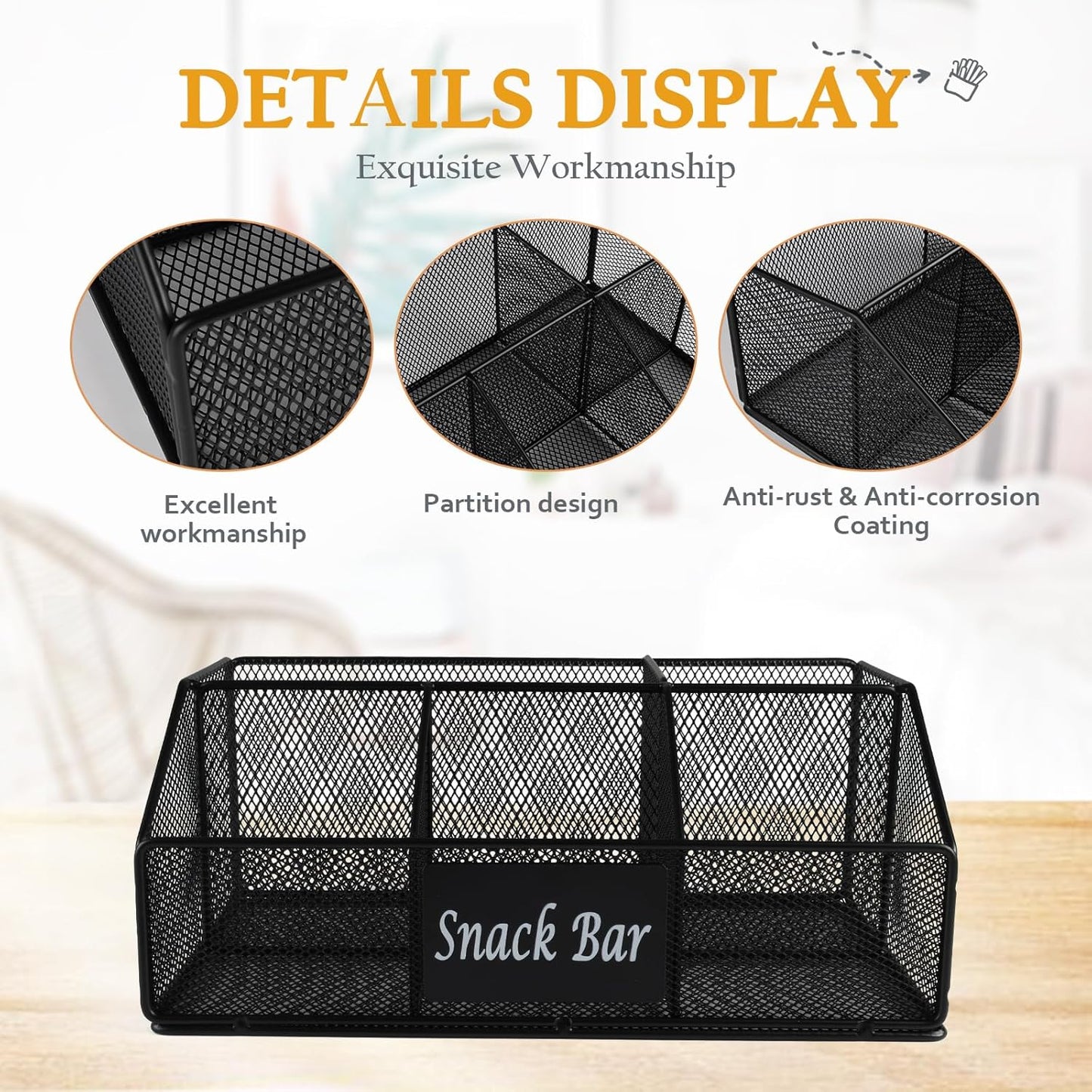 Metal Wire Snack Display Baskets,5-Compartment Snacks Storage Bin for Countertop,Office,Party,Bedroom,Kitchen,Pantry Shelf,Snacks Cabinet Dispenser Caddy for Chips,Packets