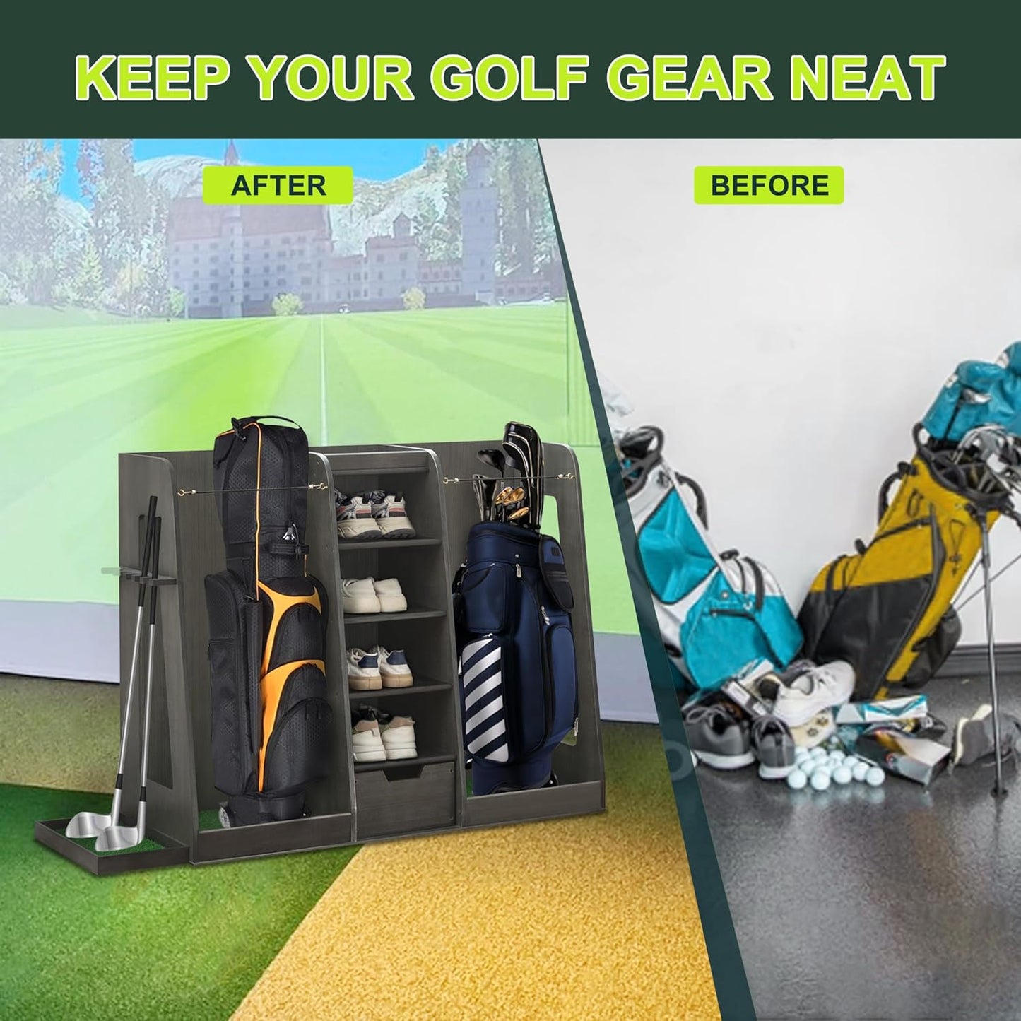 Wooden Golf Bag Storage Organizer Fits 2 Bags and Multiple Golfing Equipment Accessories, Golf Bag Rack Club Stand Holder Great Gifts for Any Level Golfer