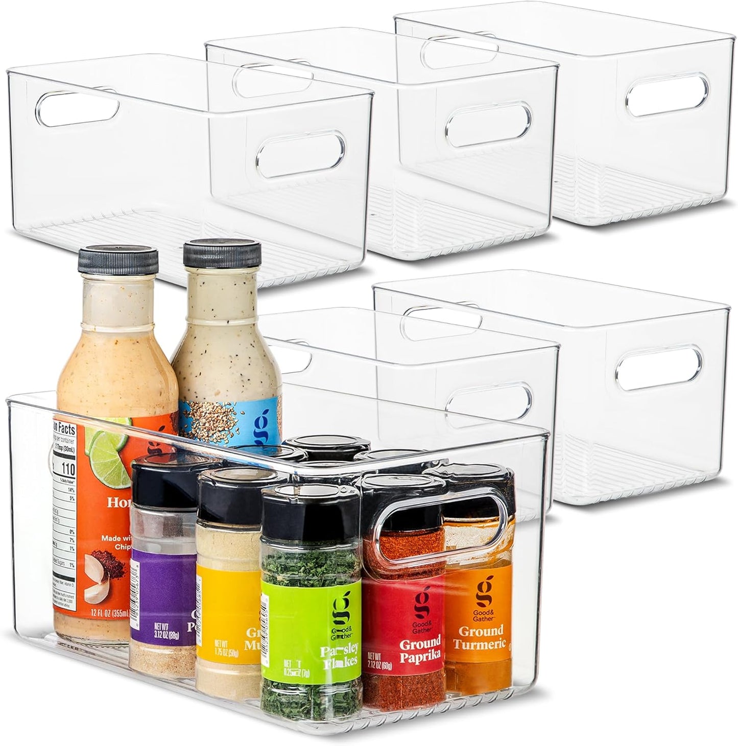 primebox Plastic Food Storage 6 Pack Clear Container Bin with Handles for Organizing Kitchen, Pantry, Fridge, Freezer, Pantry,Bathroom. 10"x6"x5"