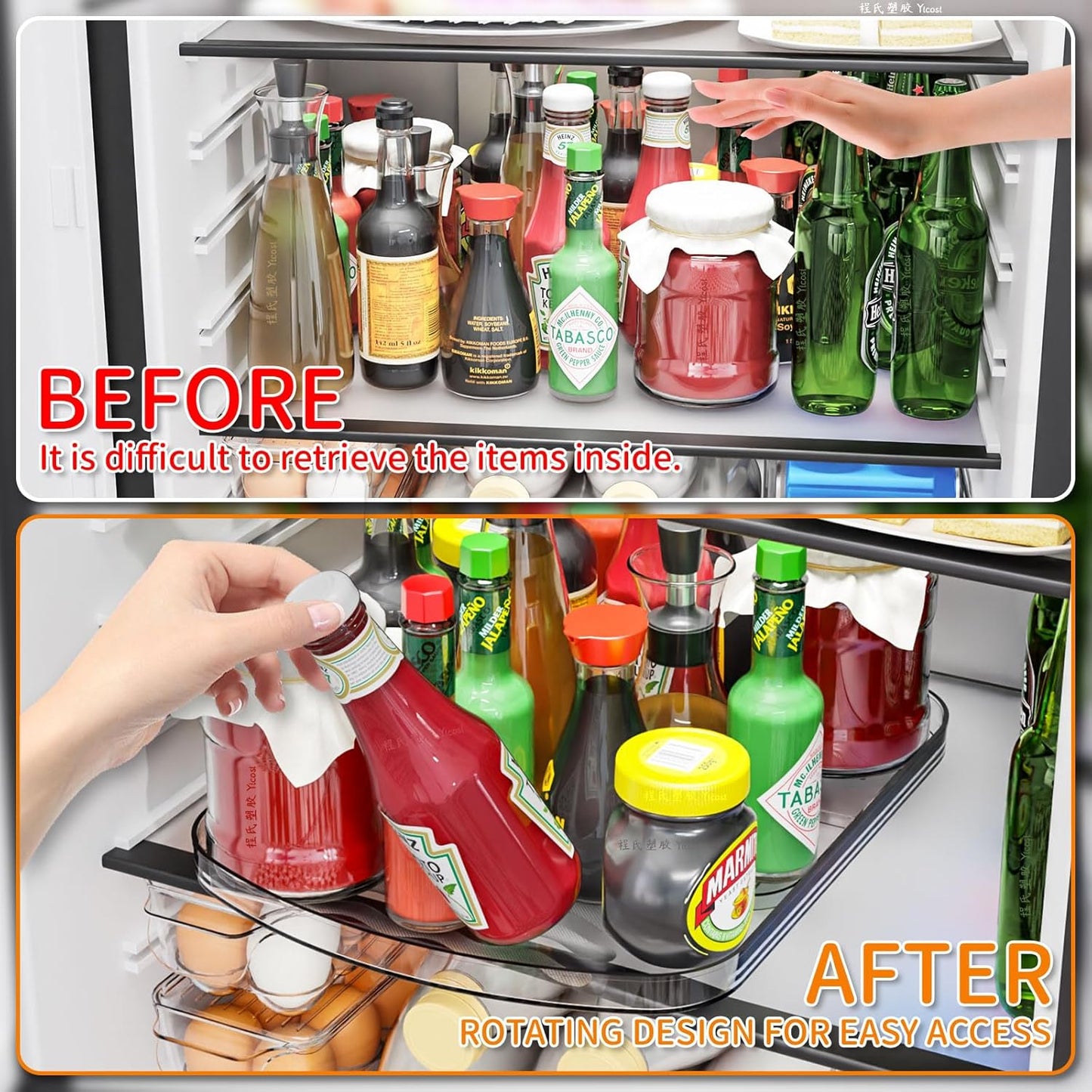 Yieach Clear Refrigerator Lazy Susan Turntable,15.7''x11.8'',Rectangular Fridge Turntable Organizer,Large Rotating Fridge Tray for Kitchen,Countertop,Pantry,Cabinet,Jars and Condiment Organizer,2 Pack