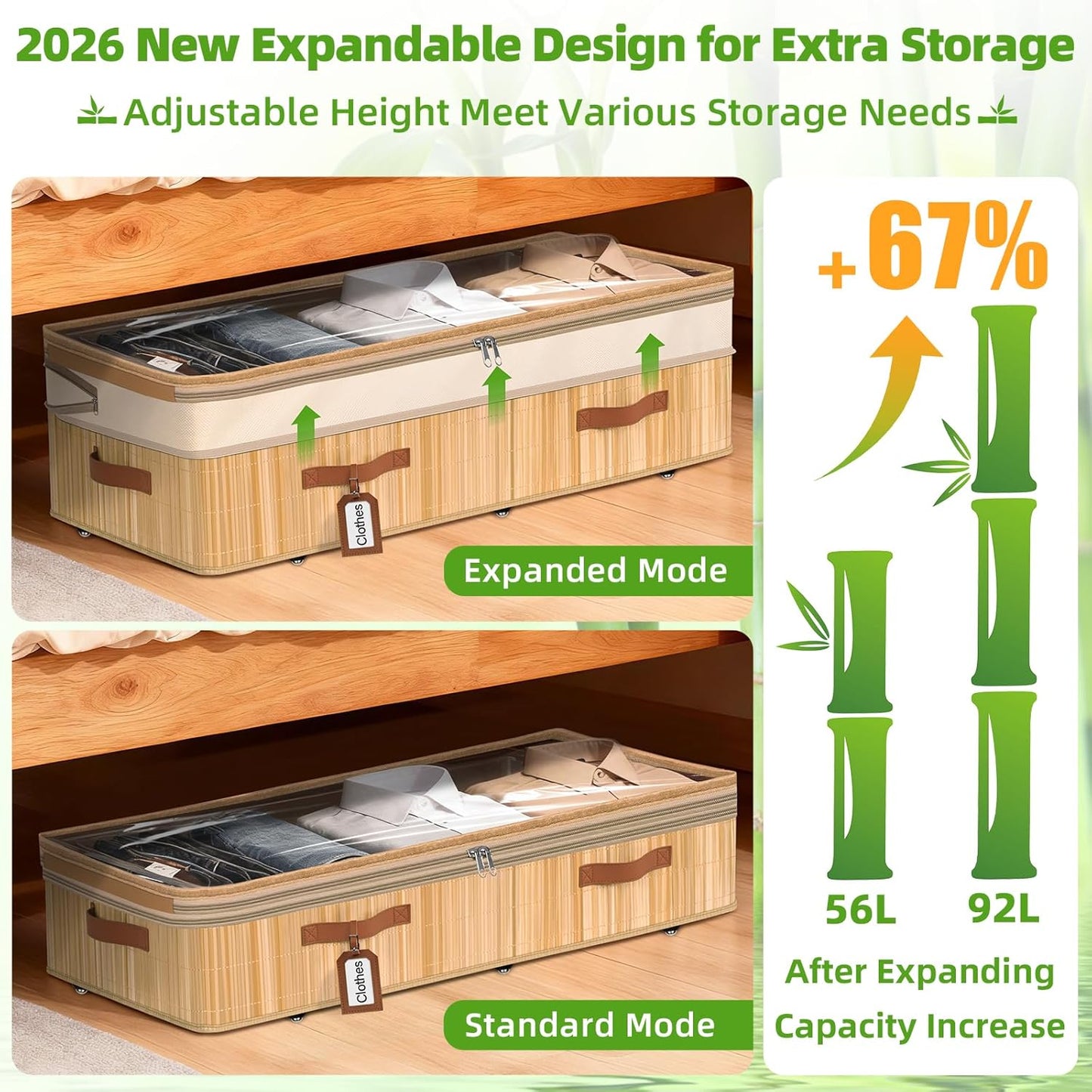 Livole 2 Pack Bamboo Under Bed Storage with Wheels, 6-10 inches Height Adjustable Underbed Storage Containers, 92L XXXL Large Rolling Under Bed Storage Bins for Clothes, Blankets, Sweater, Shoes