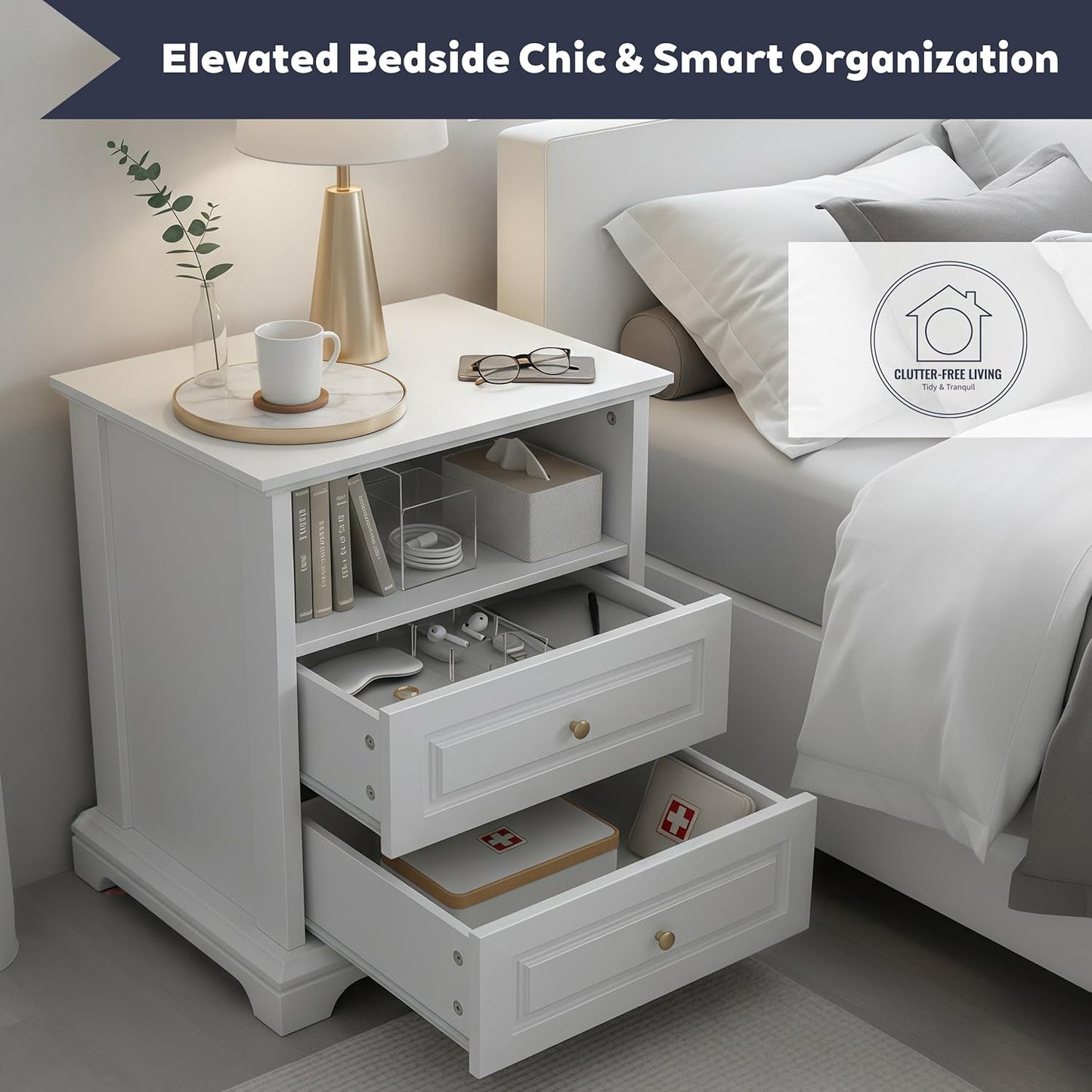 White Nightstand with 2 Drawers & Open Shelf, 21.2"x16.5"x24.0" Bedside Table with Gold Knobs, Modern End Table for Bedroom Living Room