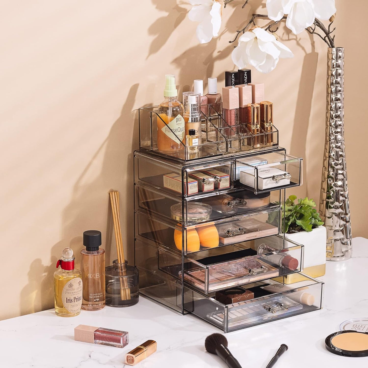 Sorbus Acrylic Makeup Organizer Set, 6-Drawer Vanity & Countertop Cosmetic Storage with Small & Wide Compartments, Black-Tint Makeup Storage for Brushes, Jewelry – Holiday Gift for Women & Teens