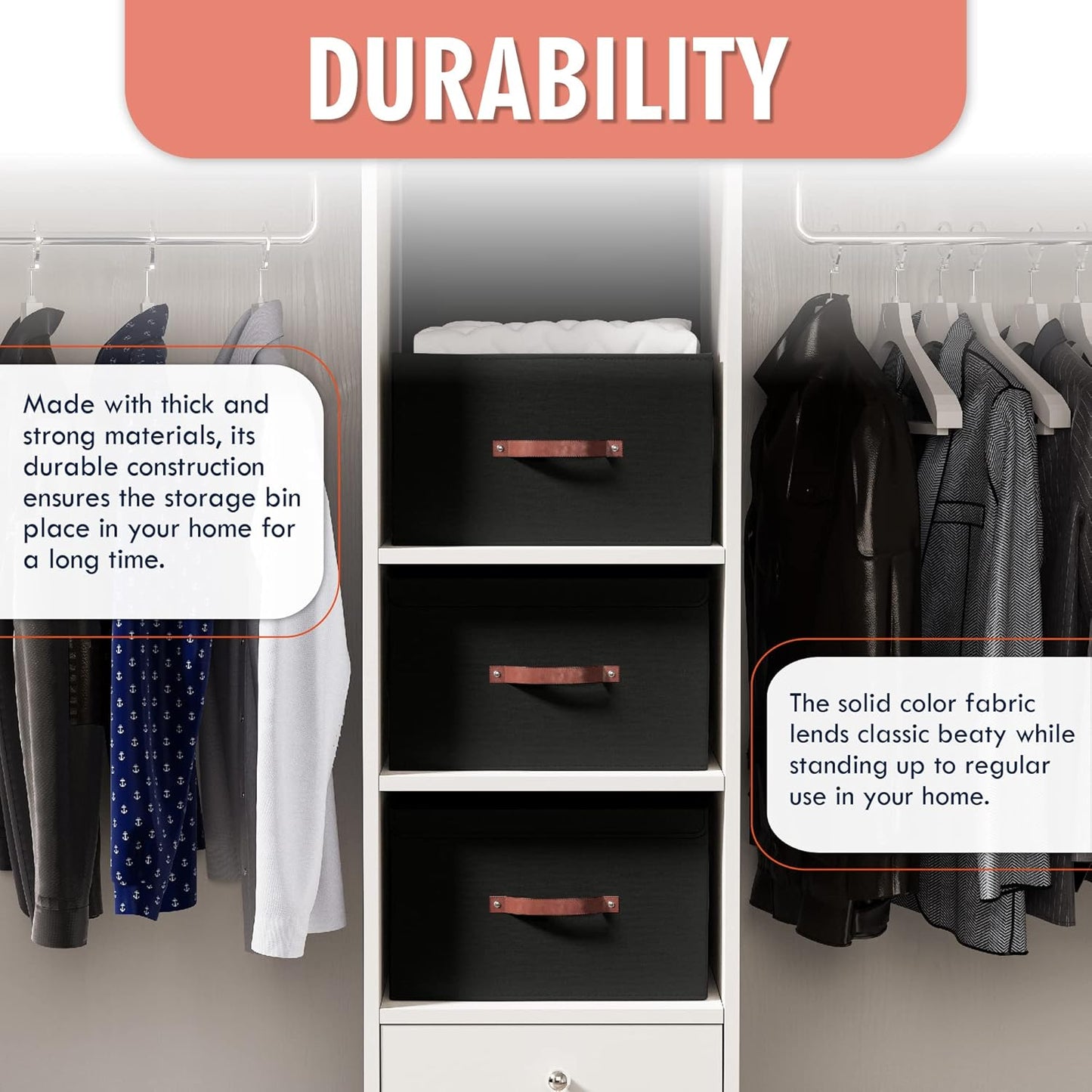 Ornavo Home 6 Pack Collapsible Storage Bins with Lid, Foldable Linen Fabric Shelf Storage Basket Closet Organizer and Large Storage Box for Clothes with Leather Handles, 15 x 10 x 9, Black