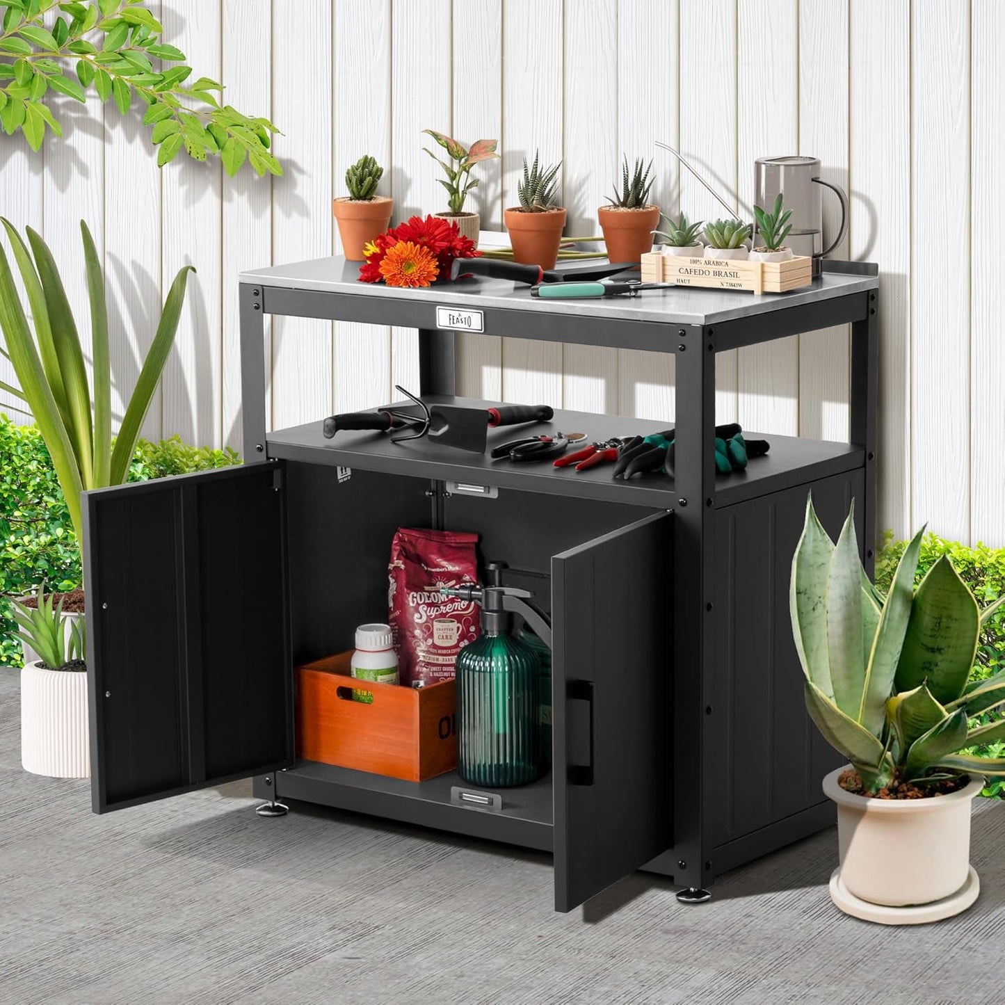 Garden Potting Bench with Storage Cabinet, Outdoor Gardening Table & Work Bench for Plants, Horticulture, Outdoor Workstation with Stainless Steel Tabletop, Outdoor Work Table