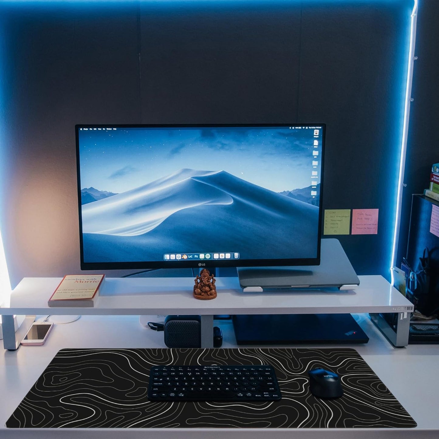 Desk Mat,Black Topographic Contour Map Desk Pad,Topographic Contour Large Gaming Mouse Pad for Desk,Extended Big Computer Keyboard Mouse Pad with Non-Slip Base and Stitched Edge,35.4"x15.7"