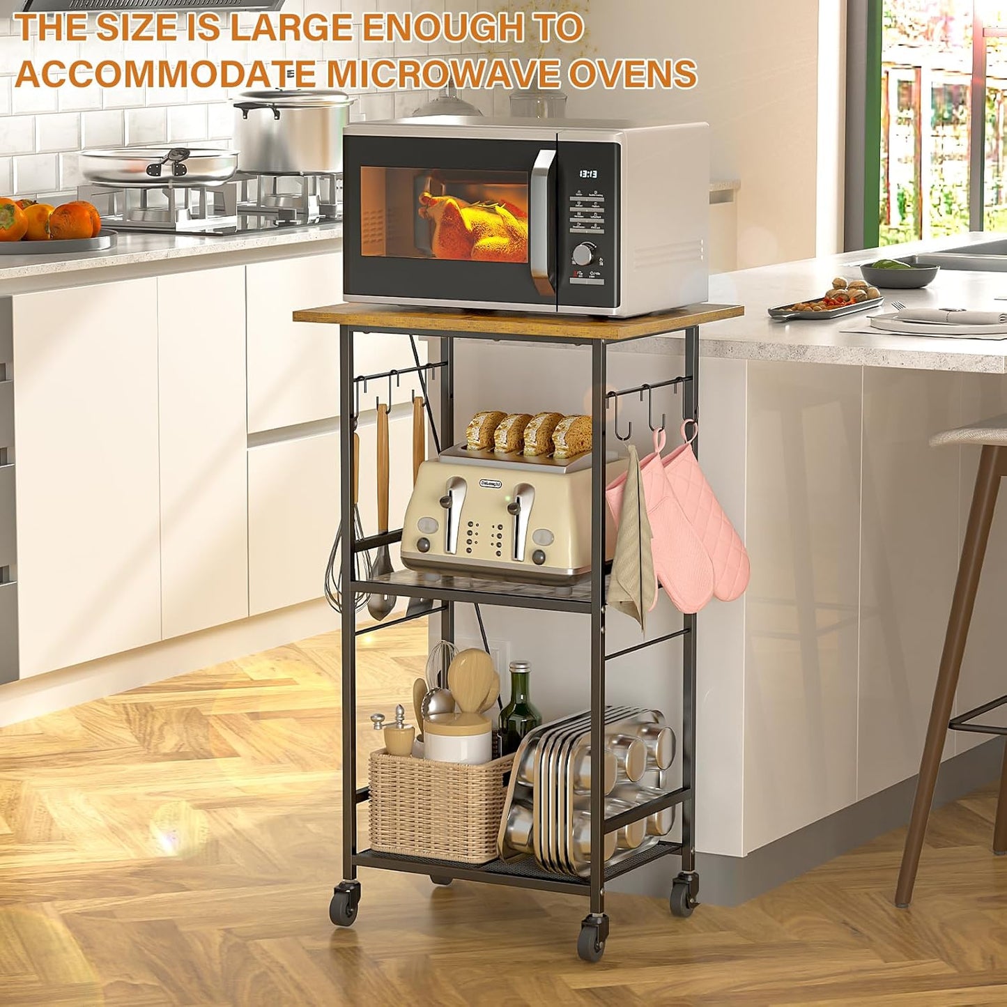 Rolling Kitchen Microwave Cart, 3 Tier Microwave Table Stand with Adjustable Shelf, Kitchen Storage Rack on Wheels, Coffee Station Cart Rack Shelf Organizer for Living Room Office, Balcony