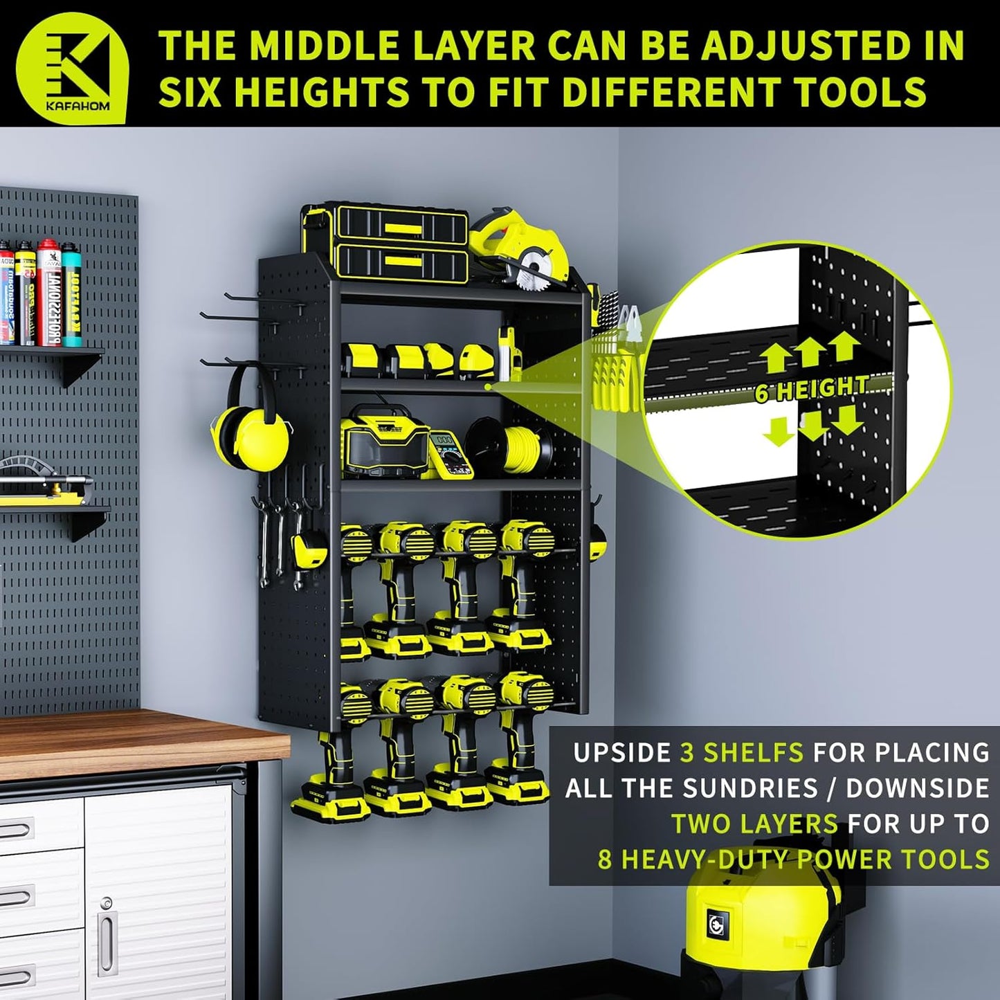 KAFAHOM Power Tool Organizer,Large 8 Drill Holder Wall Mount with 2 Side Pegboards,5 Layer Metal Tool Storage Rack with 12 Hooks,Tool Shelf for Garage Organization,Utility Battery Shelves - Black