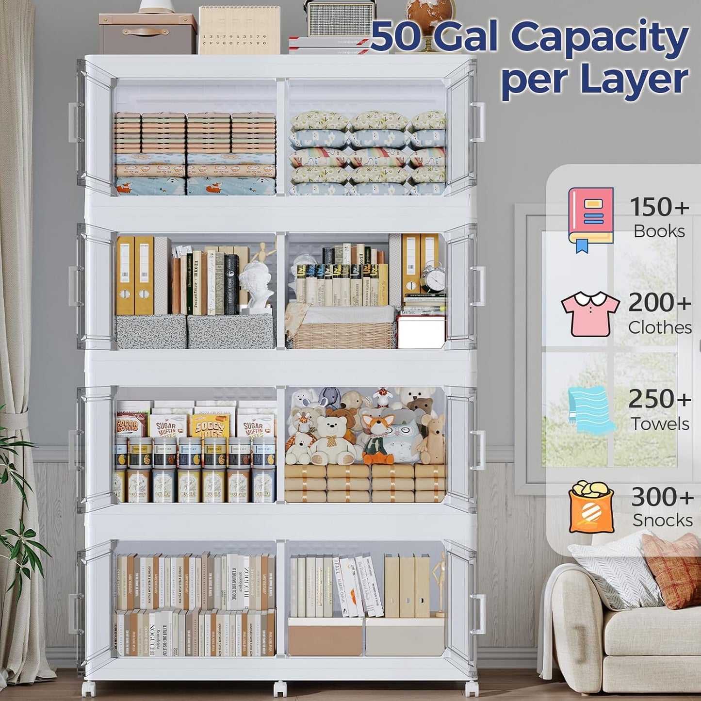 250Gal Stackable Storage Bins with Lid, 1000Qt Extra Large Collapsible Storage Box with Wheels, Dividers, Folding Plastic Cabinet Closet Organizers for Home Kitchen Office Dorm, 5Pack White