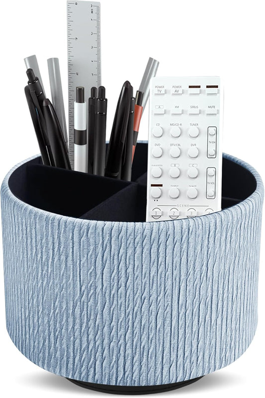 Round Leather Art Supply Organizer,Remote Control Holder,360 Degree Spinning,Multi-Functional Pencil Holder,4 Compartments Desktop Stationary Organizer(1-Wood Blue)