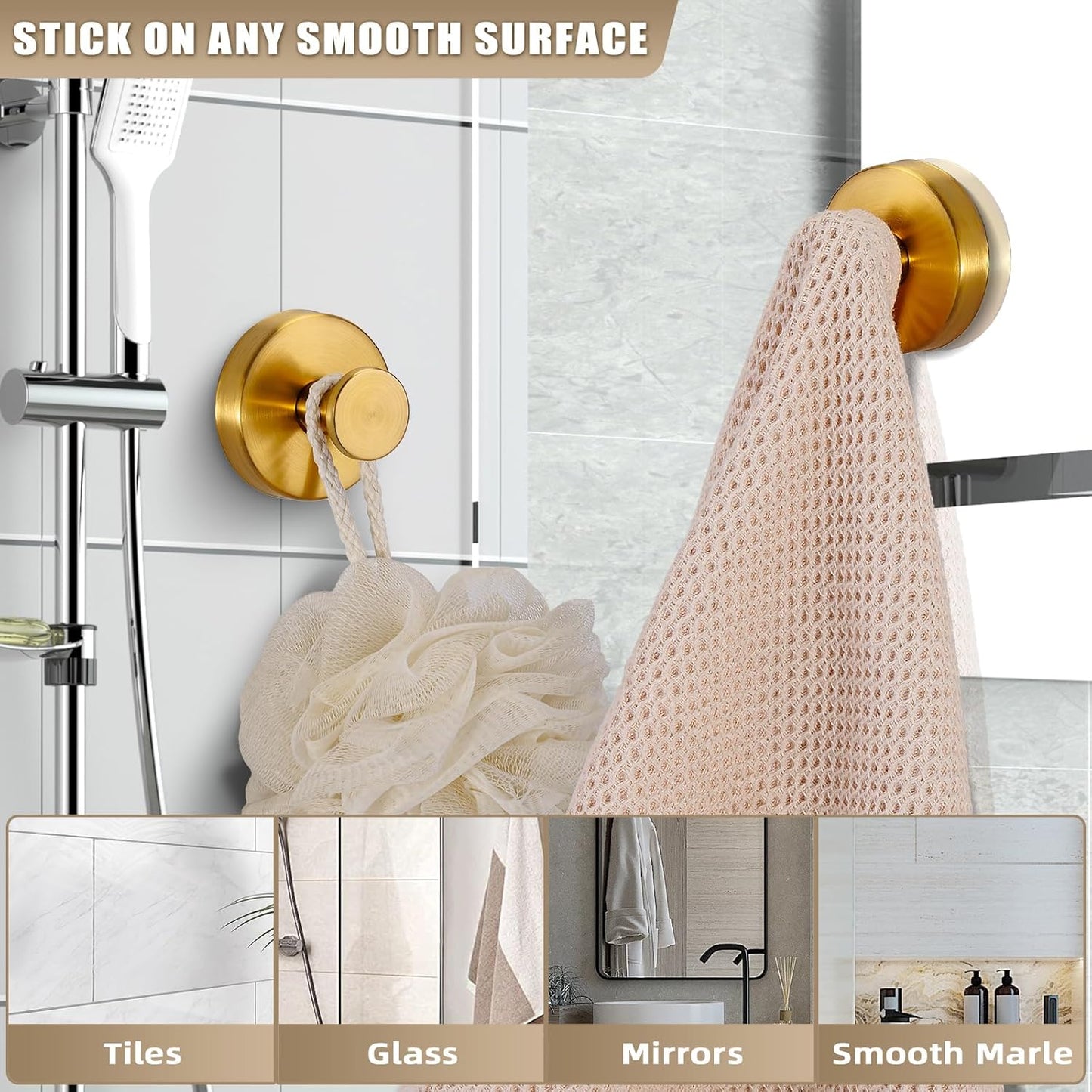 Suction Cup Hooks for Shower No-Drill Bathroom Hooks for Towels, Robes, Loofah Mountable on Bathroom Walls, Kitchen, Glass, Mirrors, Tile and Smooth,Non-Porous Surfaces (4, Brushed Gold)