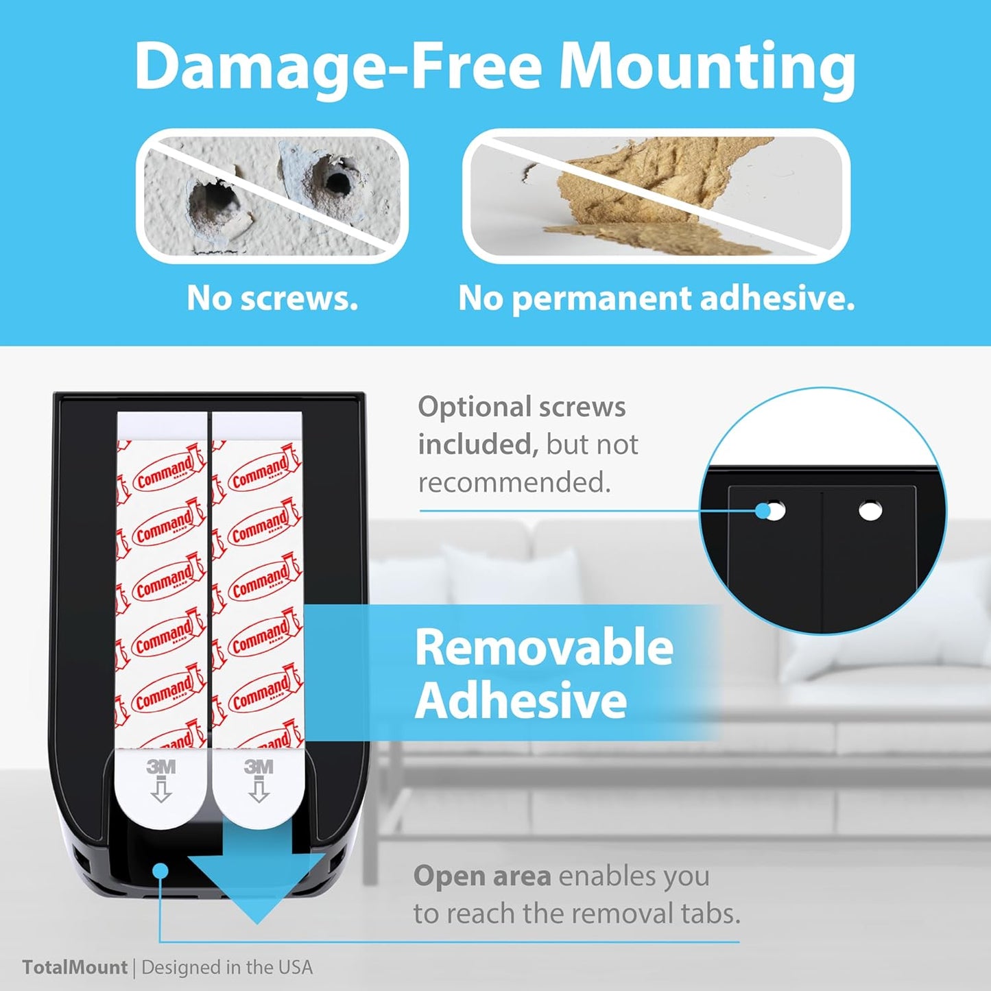 TotalMount Hole-Free Remote Holders – Eliminate Need to Drill Holes in Your Wall (Black Remote Control Holders, Quantity 2)