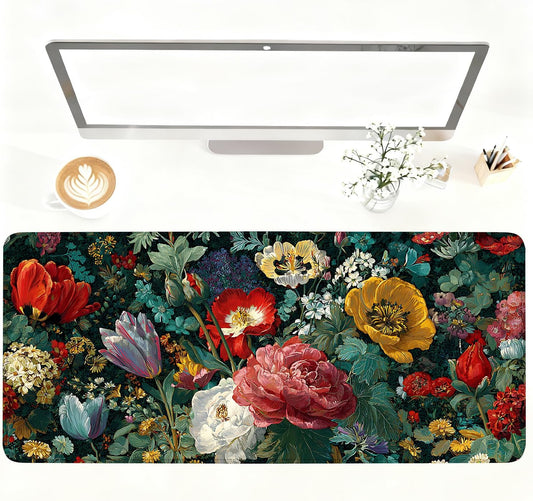 Vintage Oil Painting Floral Mouse Pad – Large Extended Desk Mat 35.43 x 15.75 in – Baroque Style Botanical Design,Oversized Mouse & Keyboard Pad for Art Lovers