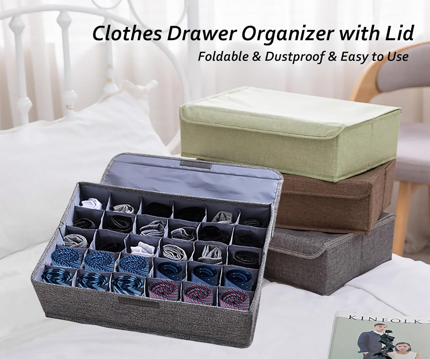 AARAINBOW 4 Packs Underwear Socks Ties Storage Organizer with Lids Foldable Closet Drawer Organizer 120 Cells, Fabric Wardrobe Divider Storage Boxes for Scarves and Lingerie (30 Cell, 4 Gray)