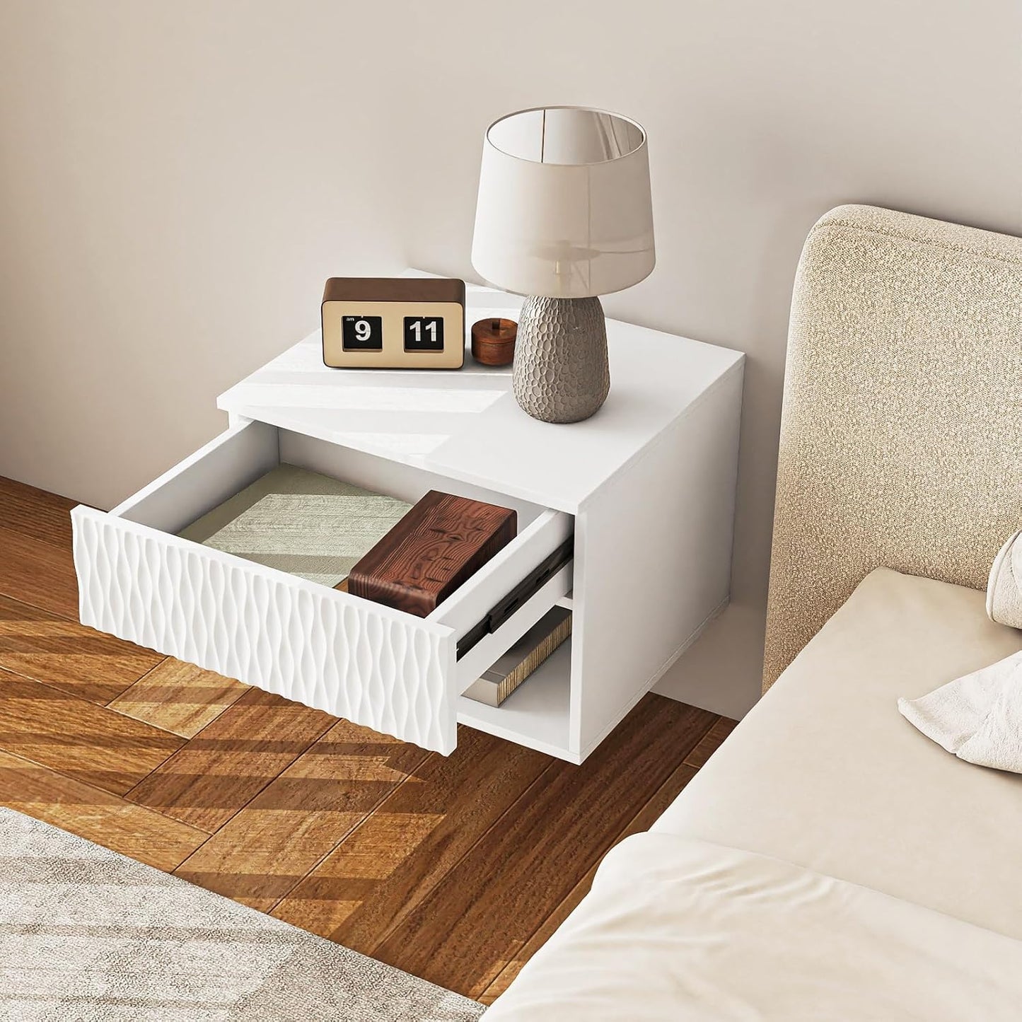 Vibe & Dine Floating Nightstand Set of 2, Wall Mounted Night Stand with Wavy Pattern Design, Modern Bedside Tables with Drawers for Bedroom, Easy Assembly, White