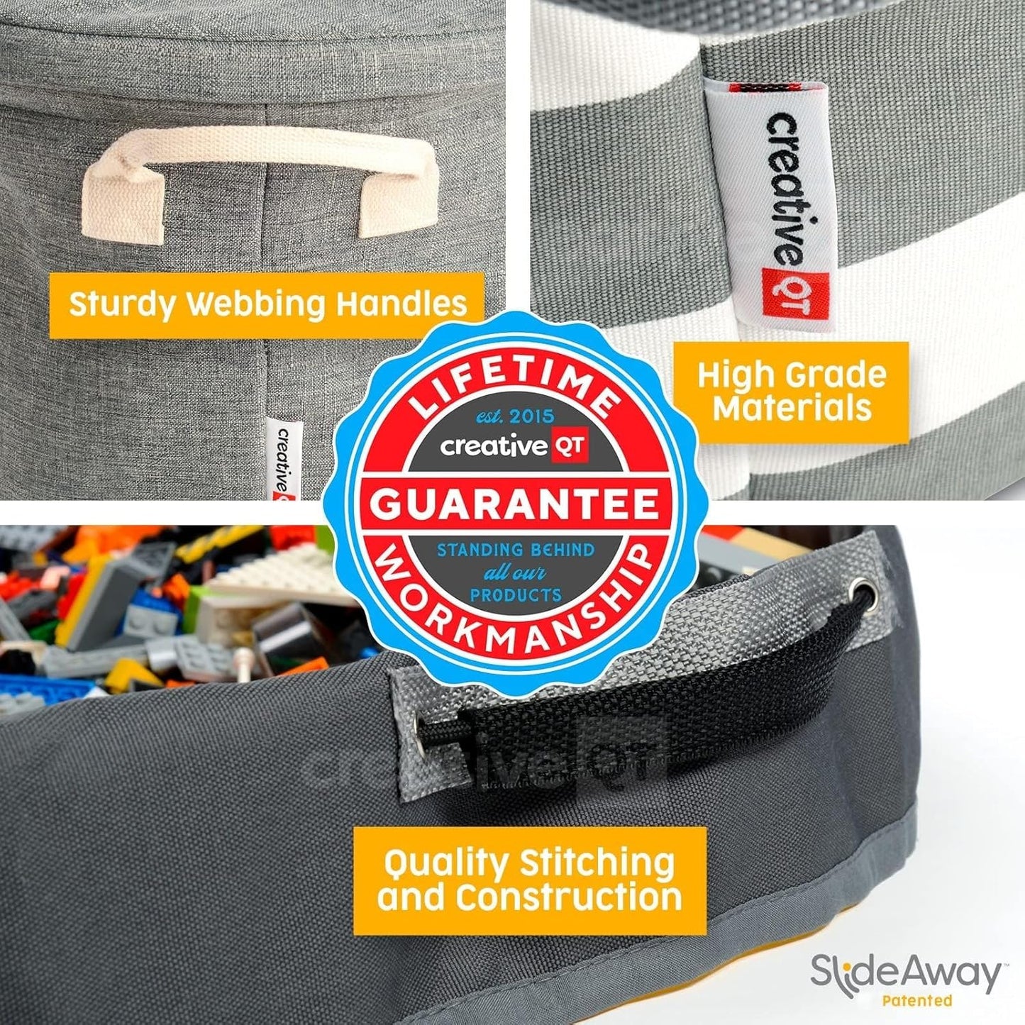 Creative QT SlideAway Toy Storage Organizer & Extra Large 52" Play Mat, Collapsible Storage Bins for Building Bricks, Small Blocks, Toys, Drawstring Cleanup for Kids Playroom & Classroom, Grey