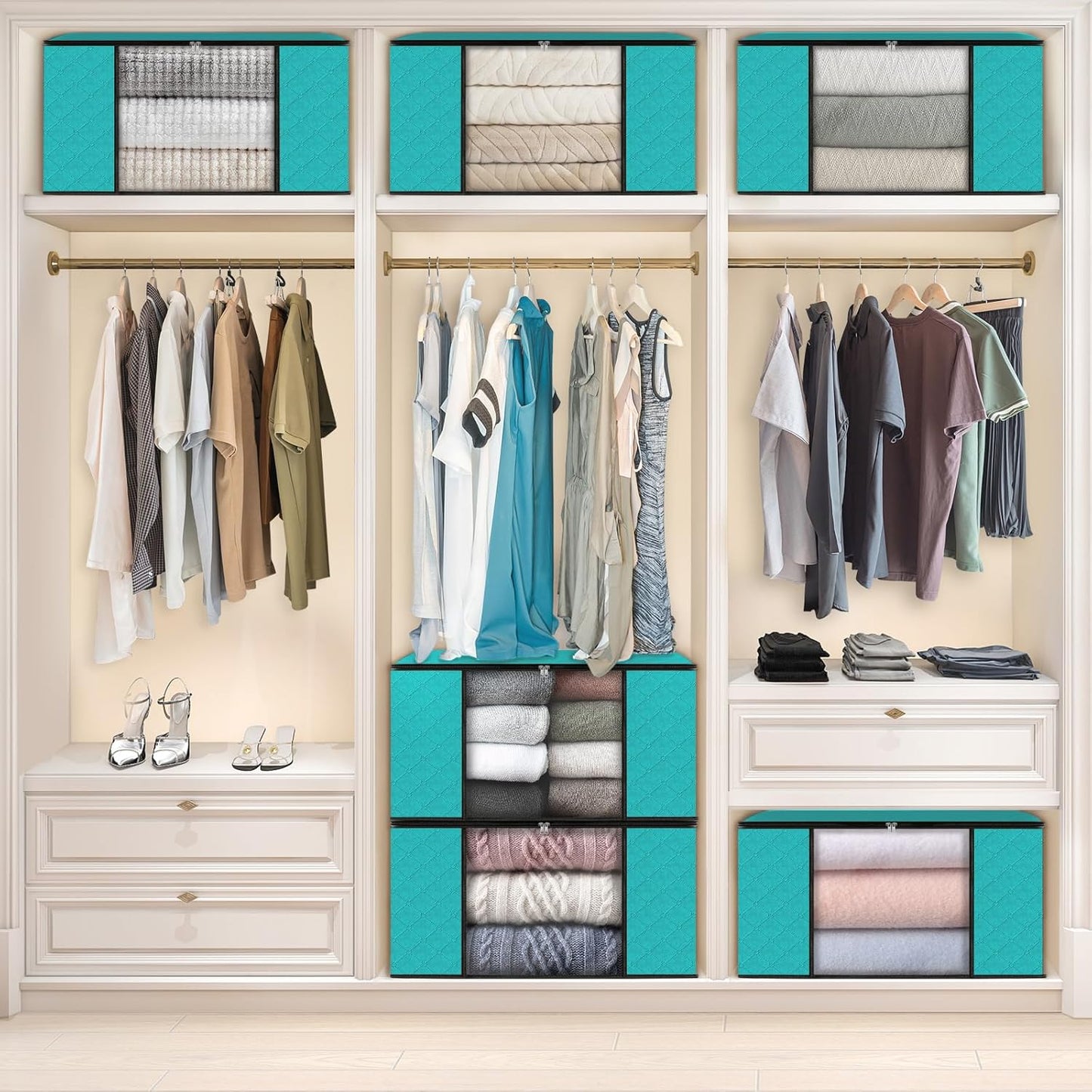 Fab totes Storage Bags,Clothes Blanket Storage Bins Foldable Closet Organizers with Reinforced Handle for Home Dorm Storage and Organization,Fabric Bags for Organizing Sheets,Clothing (Green,6 Pack)