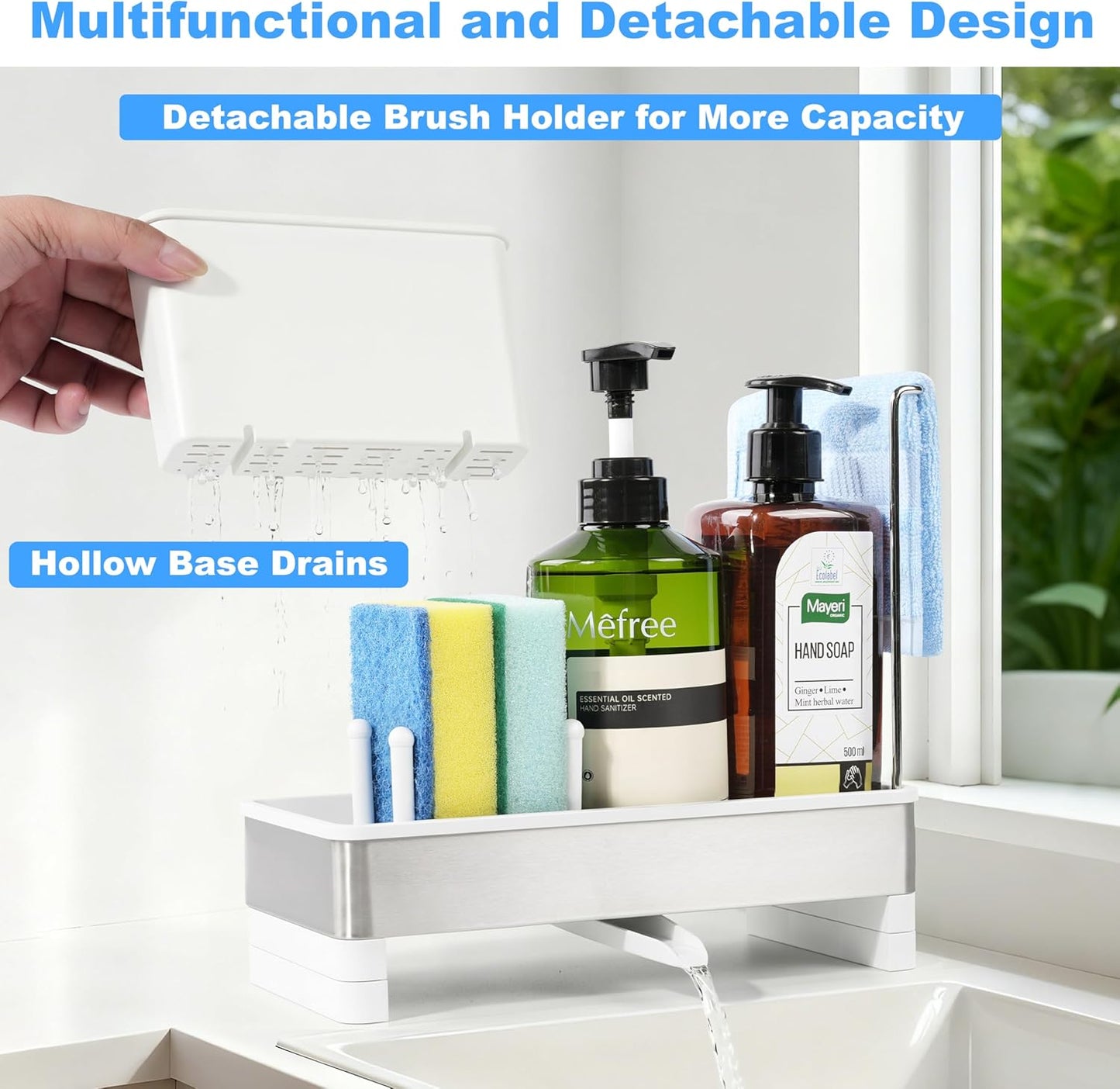 Kitchen Sink Caddy Organizer with Dish Brush Holder, Stainless Steel Sponge Holder with Dish Cloth Rack, Soap Sponge Caddy for Kitchen Countertop Sink Organizer and Storage Essentials