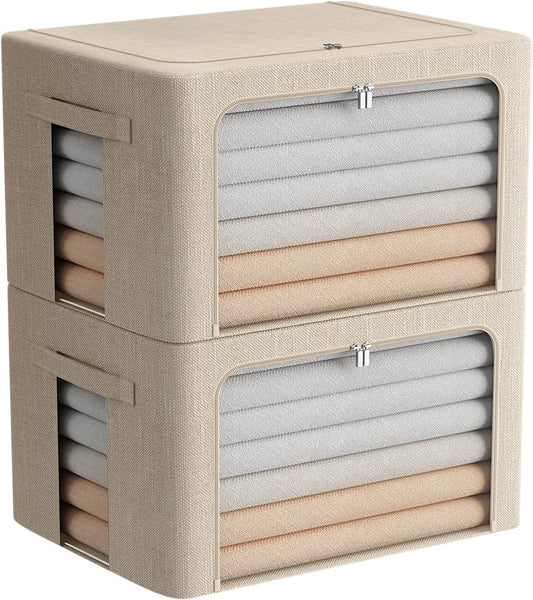 FHSQX 2 Pack Clear Window Storage Bins Foldable Fabric Storage Bins Boxes for Clothes Stackable Box Organizer Set with Carrying Handles (Beige, 22L,15.7x 11.8x 7.8 Inch)