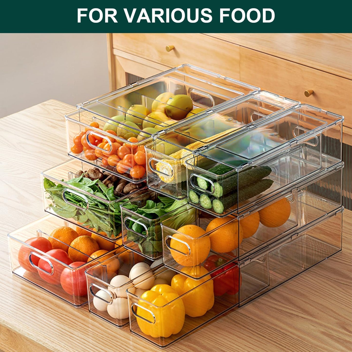 LALASTAR Fridge Drawers, 3-Pack Clear Stackable Pull Out Refrigerator Organizer Bins, Food Storage Containers for Kitchen, Freezer, Vanity & Fridge Organization and Storage (2 Small+1 Medium)