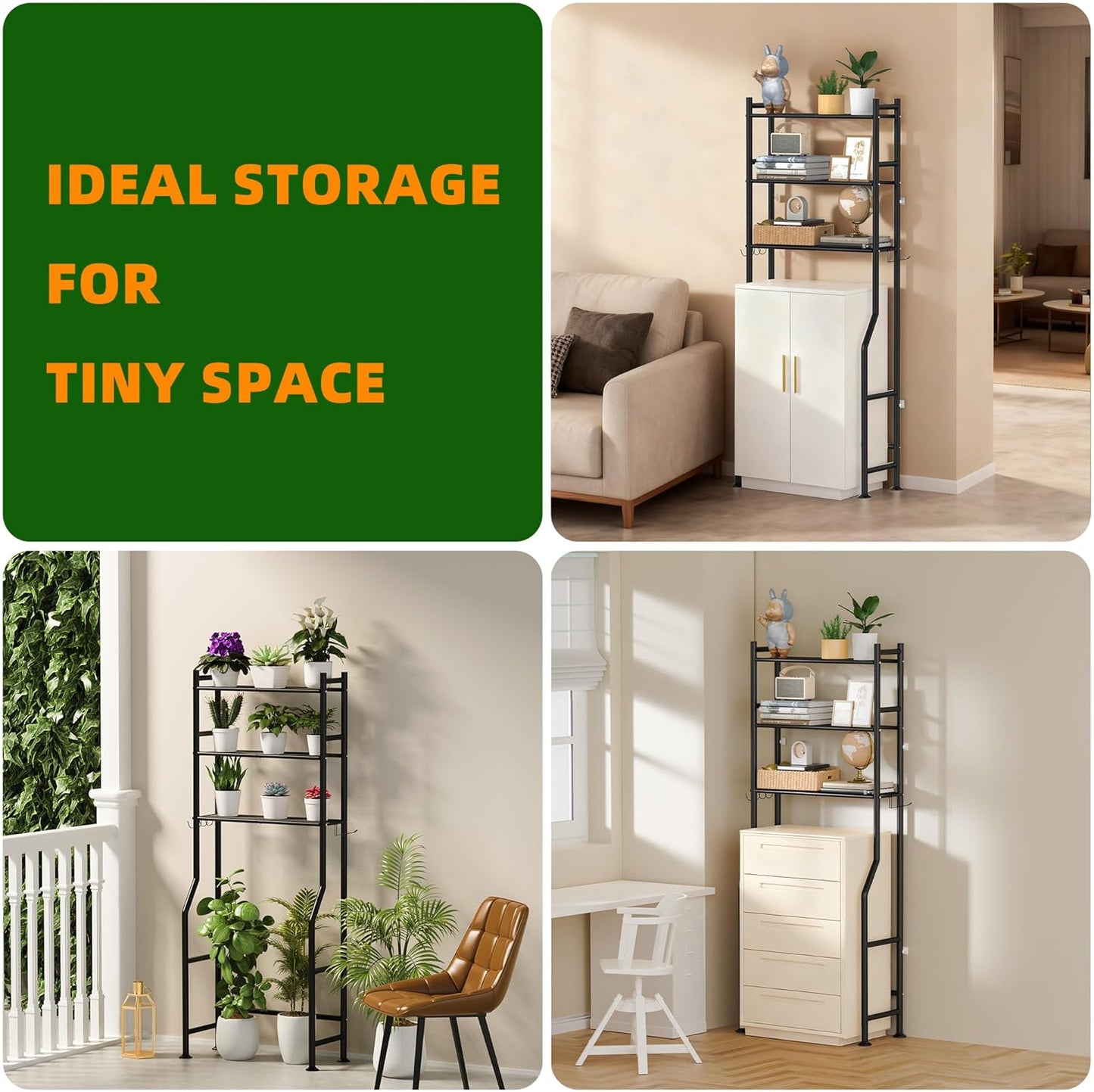3 Tier Over The Toilet Storage Rack with 2 Basket, Metal Freestanding Bathroom Shelves Toilet with Paper Holder and 4 Hooks, Over Toilet Storage Shelf for Bathroom Storage, Black