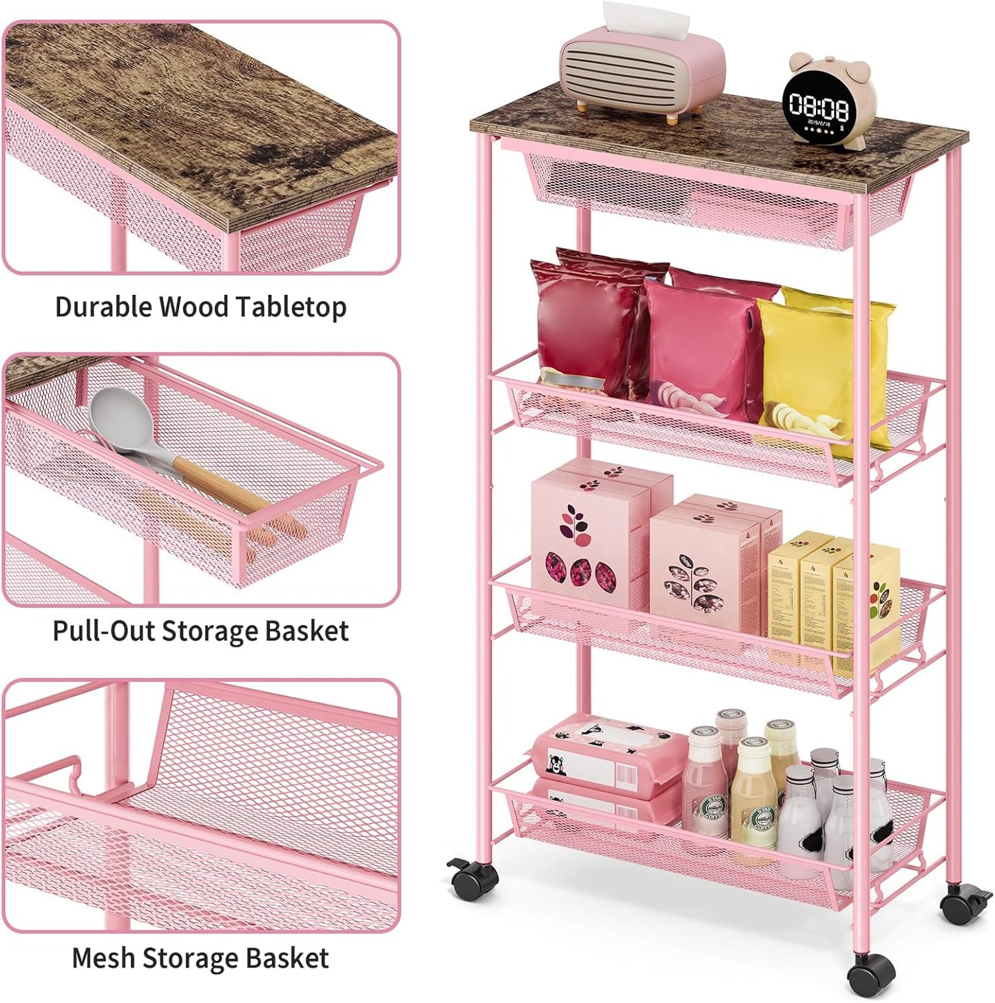 KINGRACK 4-Tier Slim Storage Cart, Metal Rolling Cart, Organizer with Wooden Tabletop and Drawer Basket, Mobile Shelving Unit for Kitchen, Bathroom, Laundry Room, Pink