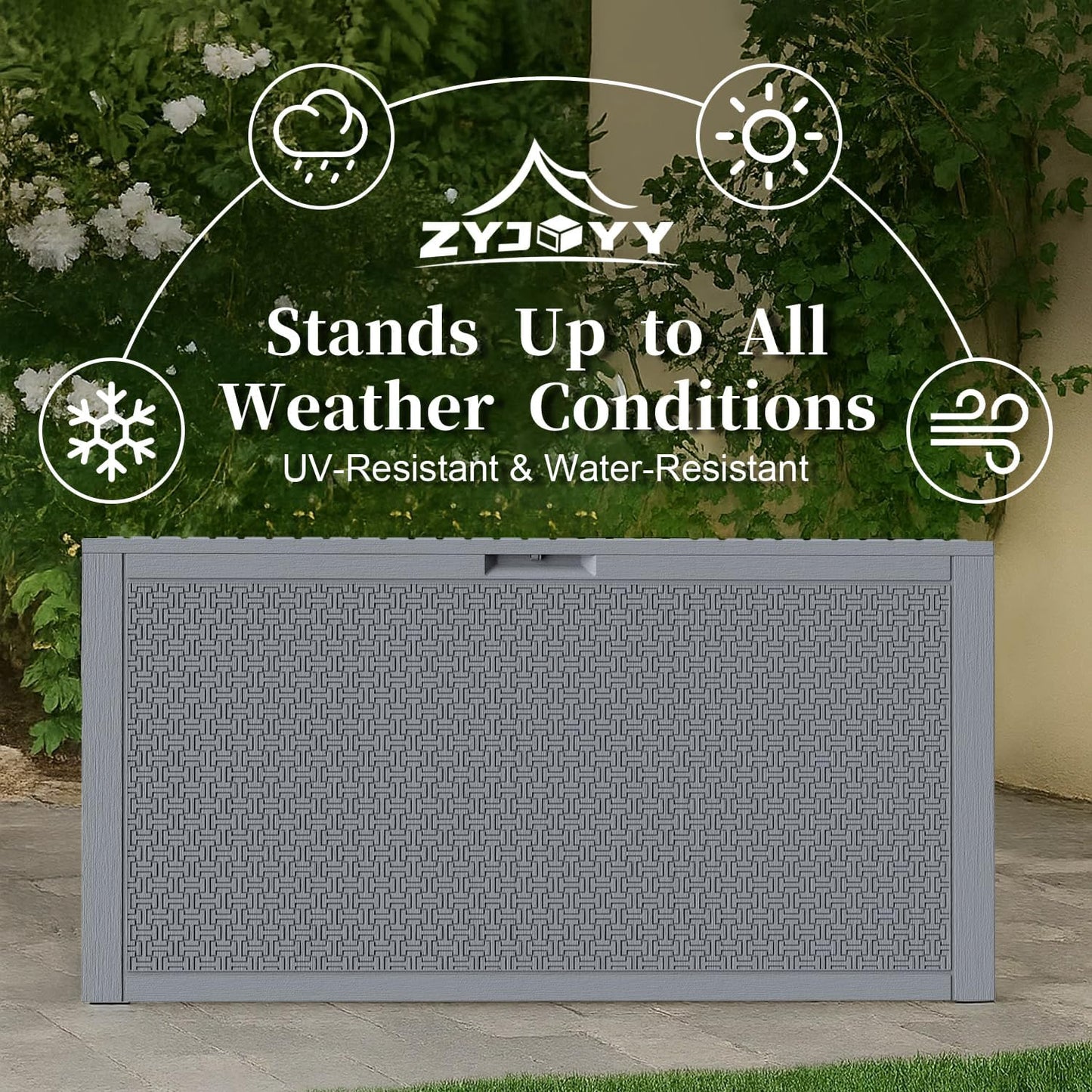 ZYJOYY Outdoor Storage Box, 90 Gallon Deck Box, Waterproof Resin Storage Box for Patio Cushions, Gardening Tools, Lockable, UV Resistant, Grey