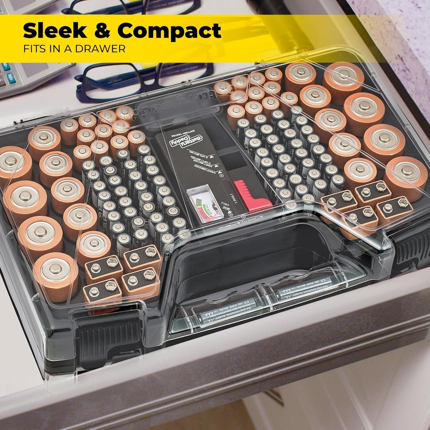 Ontel Battery Daddy Storage & Organizer Case with Tester, Stores & Protects Up to 180 Batteries, Double-Sided, Durable Design W/Clear Locking Lid, Secure Latches & Portable Carrying Handle - Charcoal
